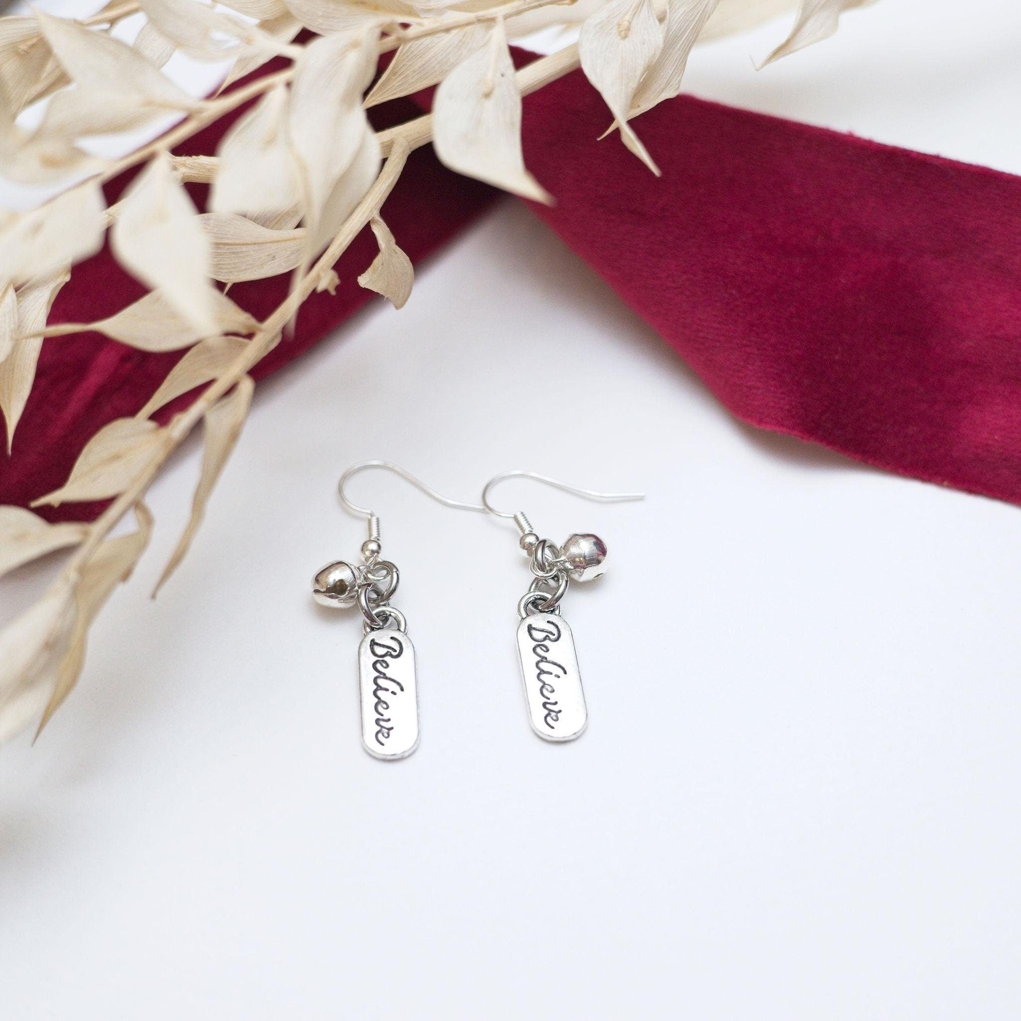 Believe earrings, jingle bell earring, Christmas jewellery, festive magic gifts, Secret Santa present, Christmas earrings, stocking filler
