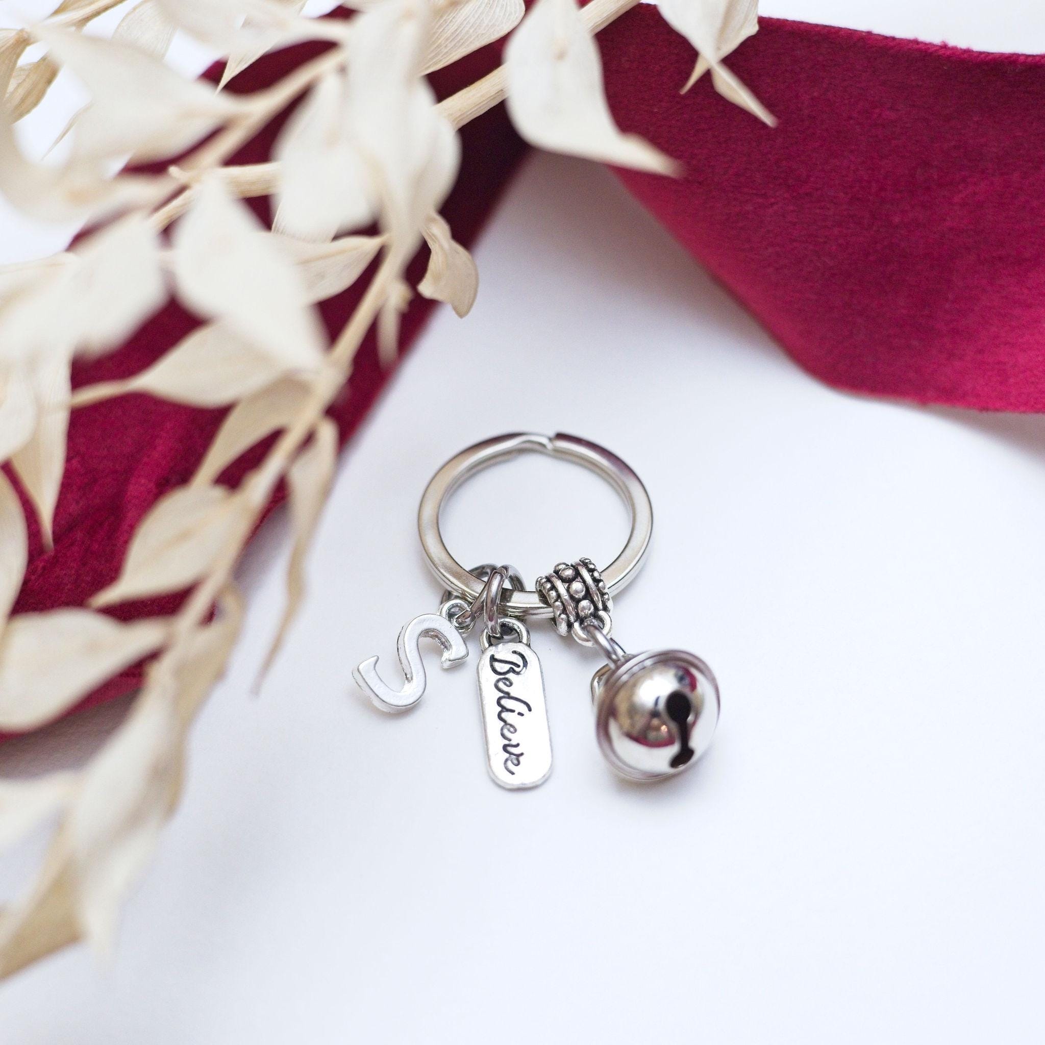 Personalised Christmas Bell Keychain: Initial & Birthstone Charm