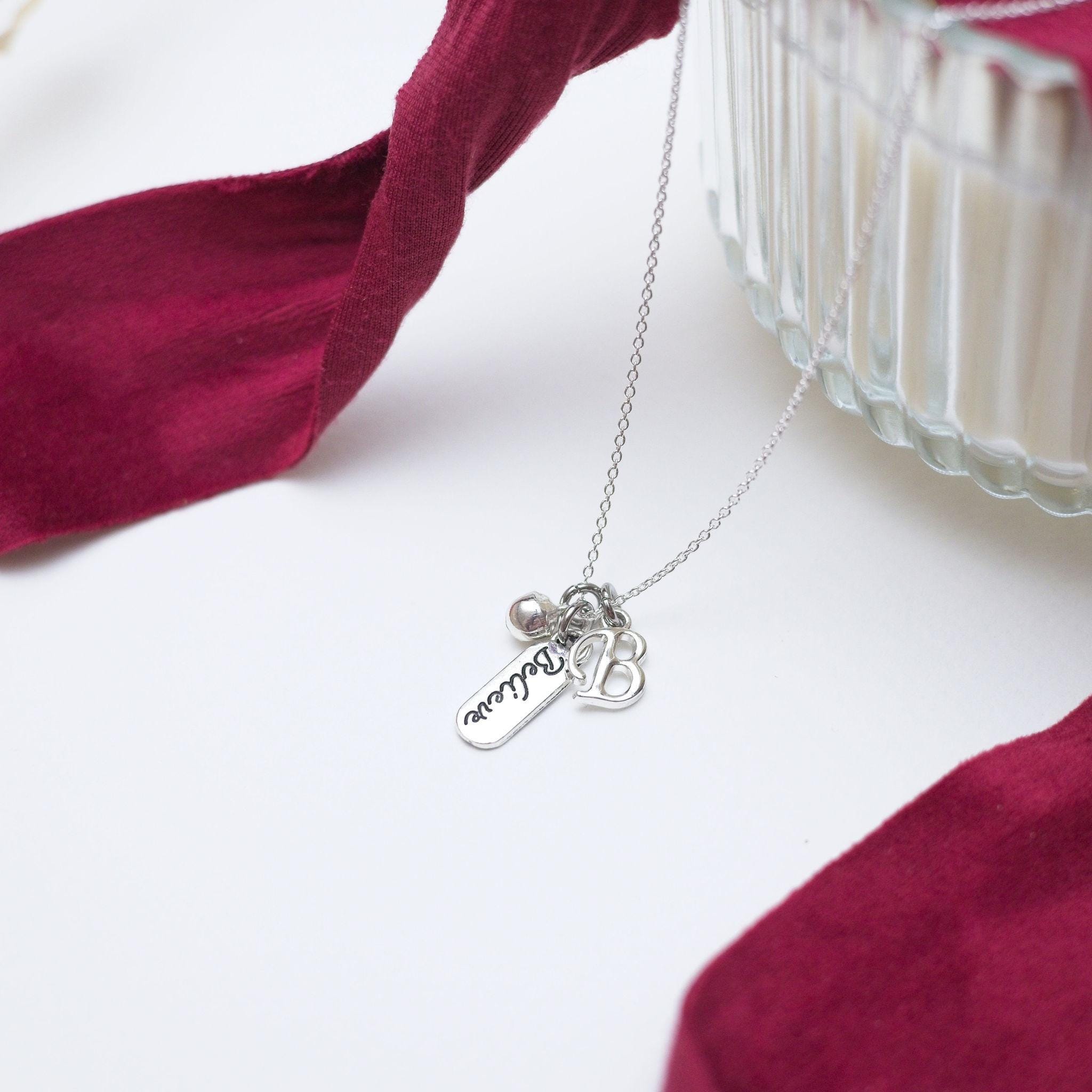 Believe necklace, Christmas tinkling bell jewellery, personalised gifts, initial letter, Father Christmas Santa, stocking filler