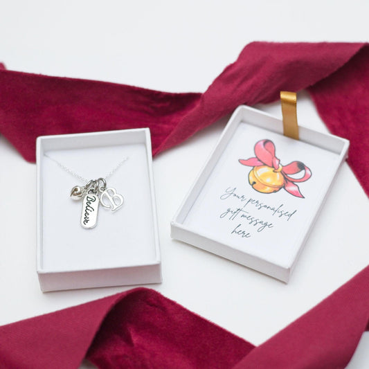 Believe necklace, Christmas tinkling bell jewellery, personalised gifts, initial letter, Father Christmas Santa, stocking filler