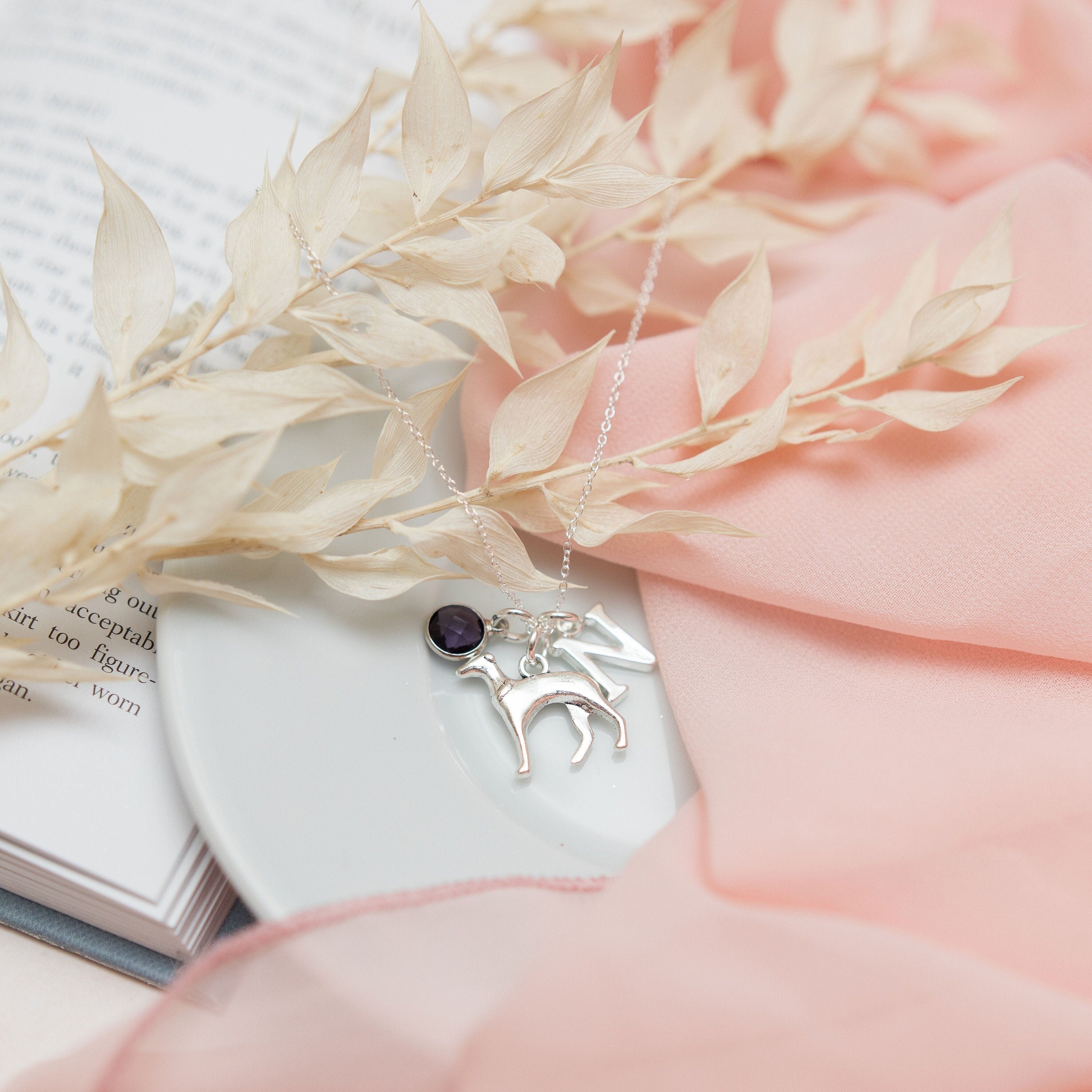 Greyhound Charm Necklace: Personalised Birthstone Initial, Dog Memorial Jewellery