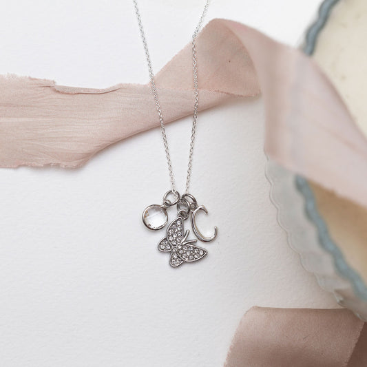 Butterfly necklace, personalised gifts, birthstone initial letter, rhinestone insect pendant, wing jewellery, friendship butterflies gift