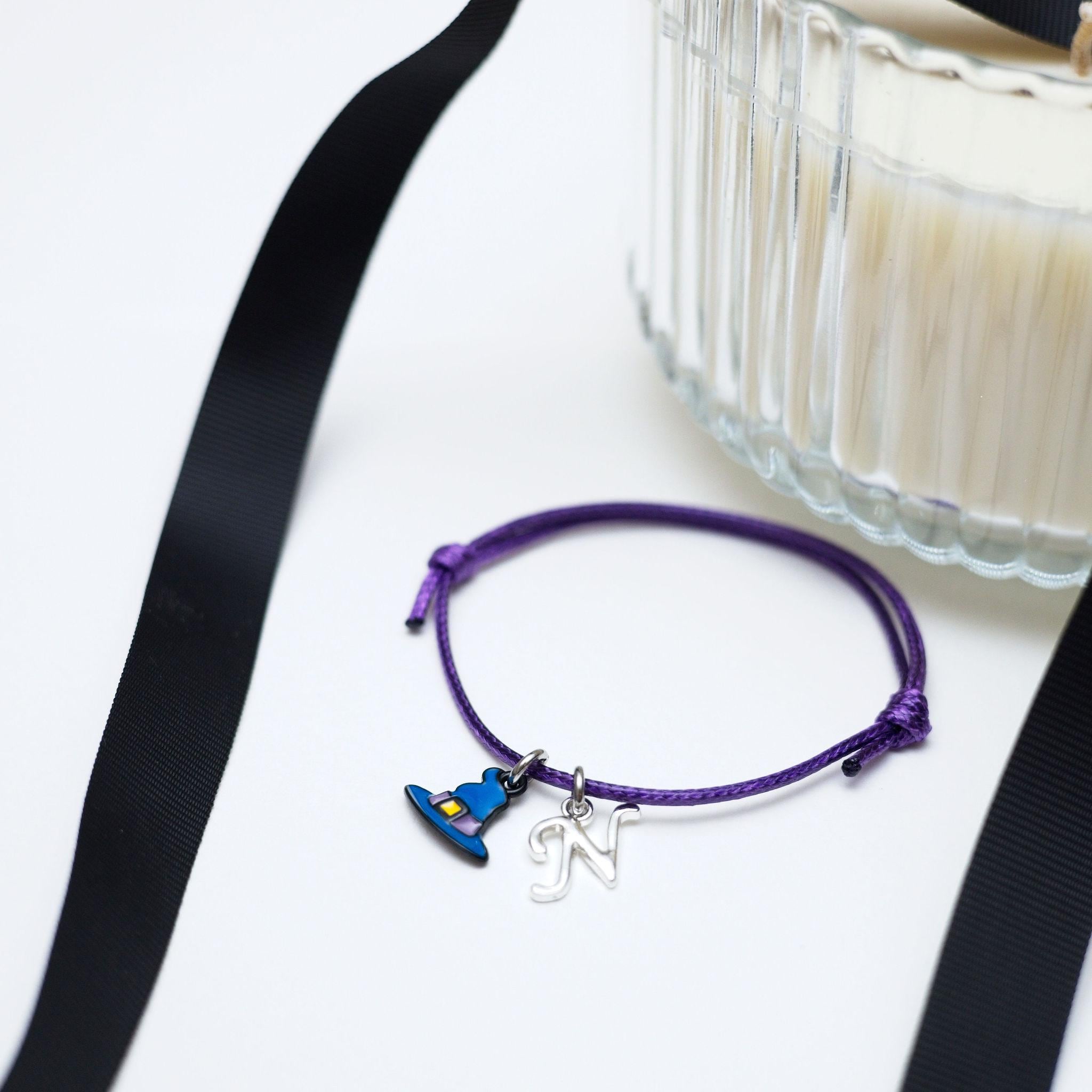 Personalised Witch Hat Bracelet: Adjustable Cord, Initial Charm