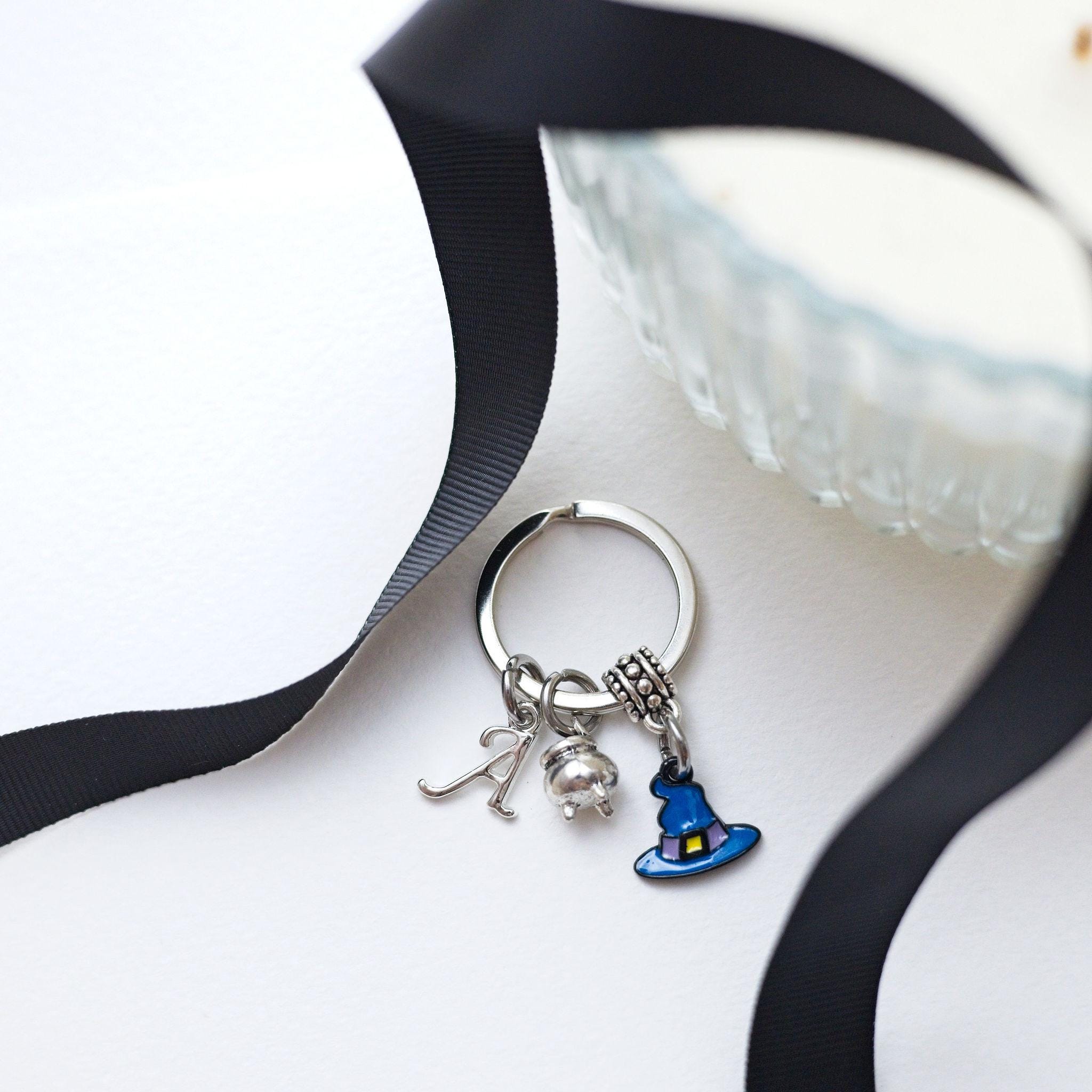 Enamel witch hat and cauldron keyring, Halloween, witchy bag charm, personalised gifts, birthstone initial jewellery, goth accessories