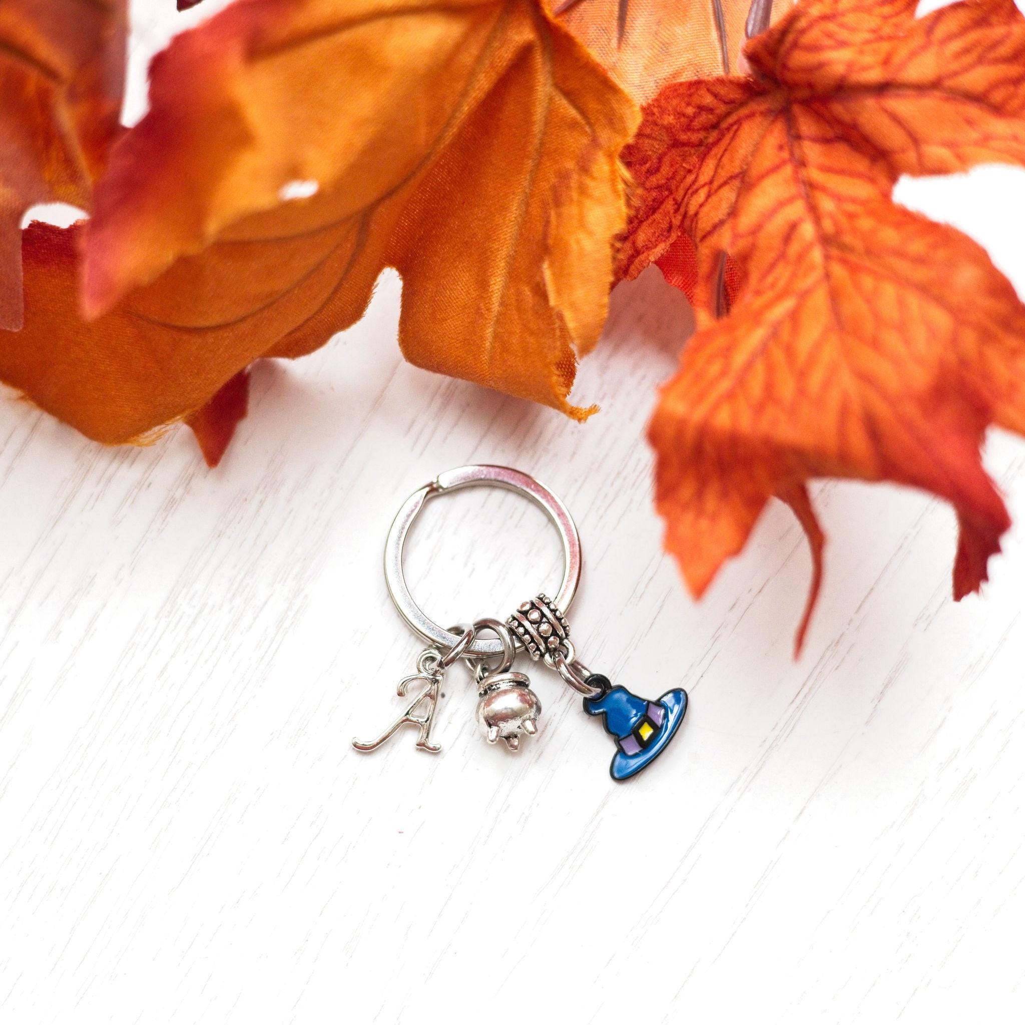 Enamel witch hat and cauldron keyring, Halloween, witchy bag charm, personalised gifts, birthstone initial jewellery, goth accessories