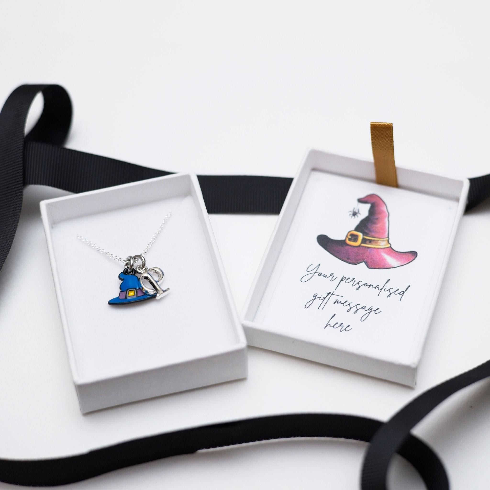 Witch hat necklace, wizard enamel blue, personalised gifts, Halloween jewellery, birthstone initial charm, spooky accessories, witchy goth