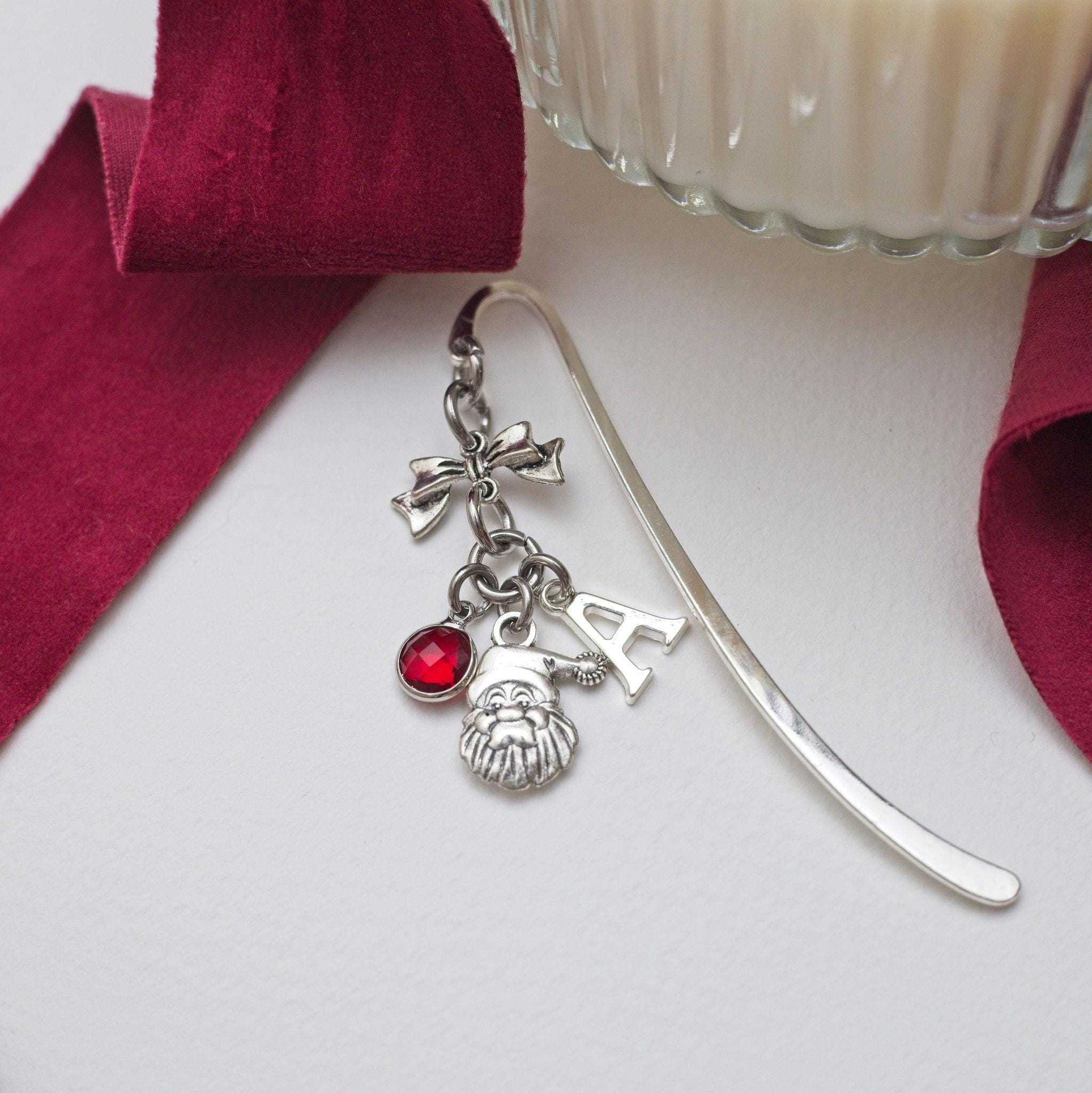 Santa Claus bookmark, gift for reader, Father Christmas gift, personalised gifts, birthstone and initial, metal page marker, festive charms