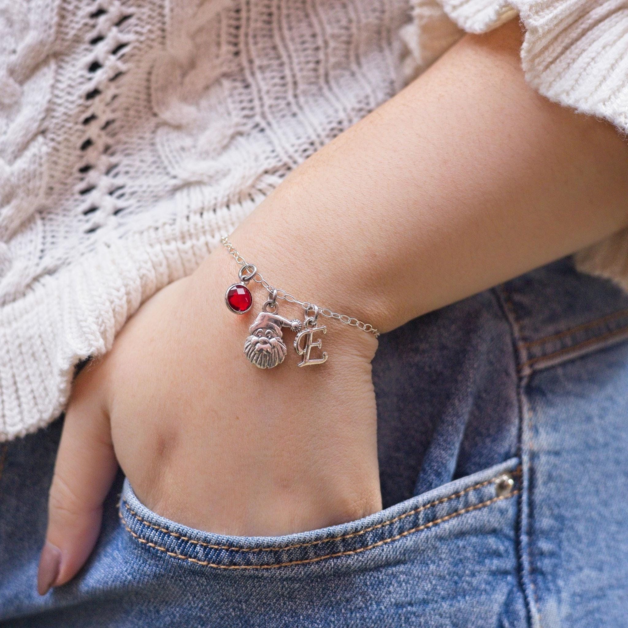 Santa Claus bracelet, personalised gifts, Father Christmas jewellery, birthstone letter, Santa hat accessory, festive holiday jewellery