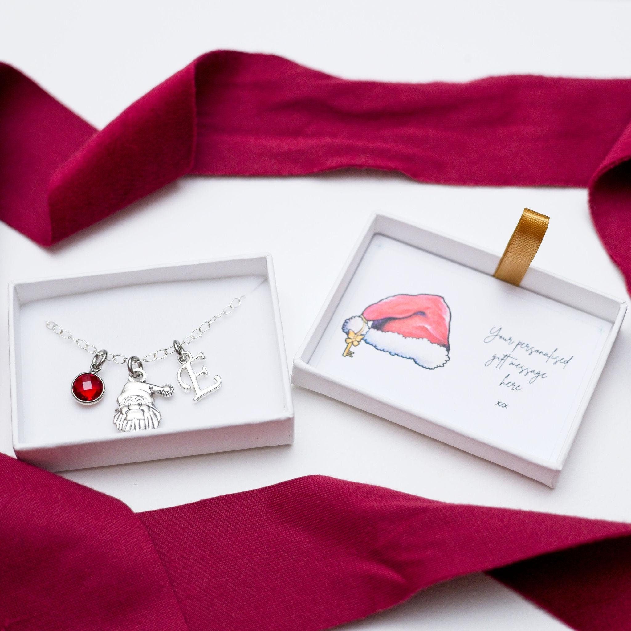 Santa Claus bracelet, personalised gifts, Father Christmas jewellery, birthstone letter, Santa hat accessory, festive holiday jewellery