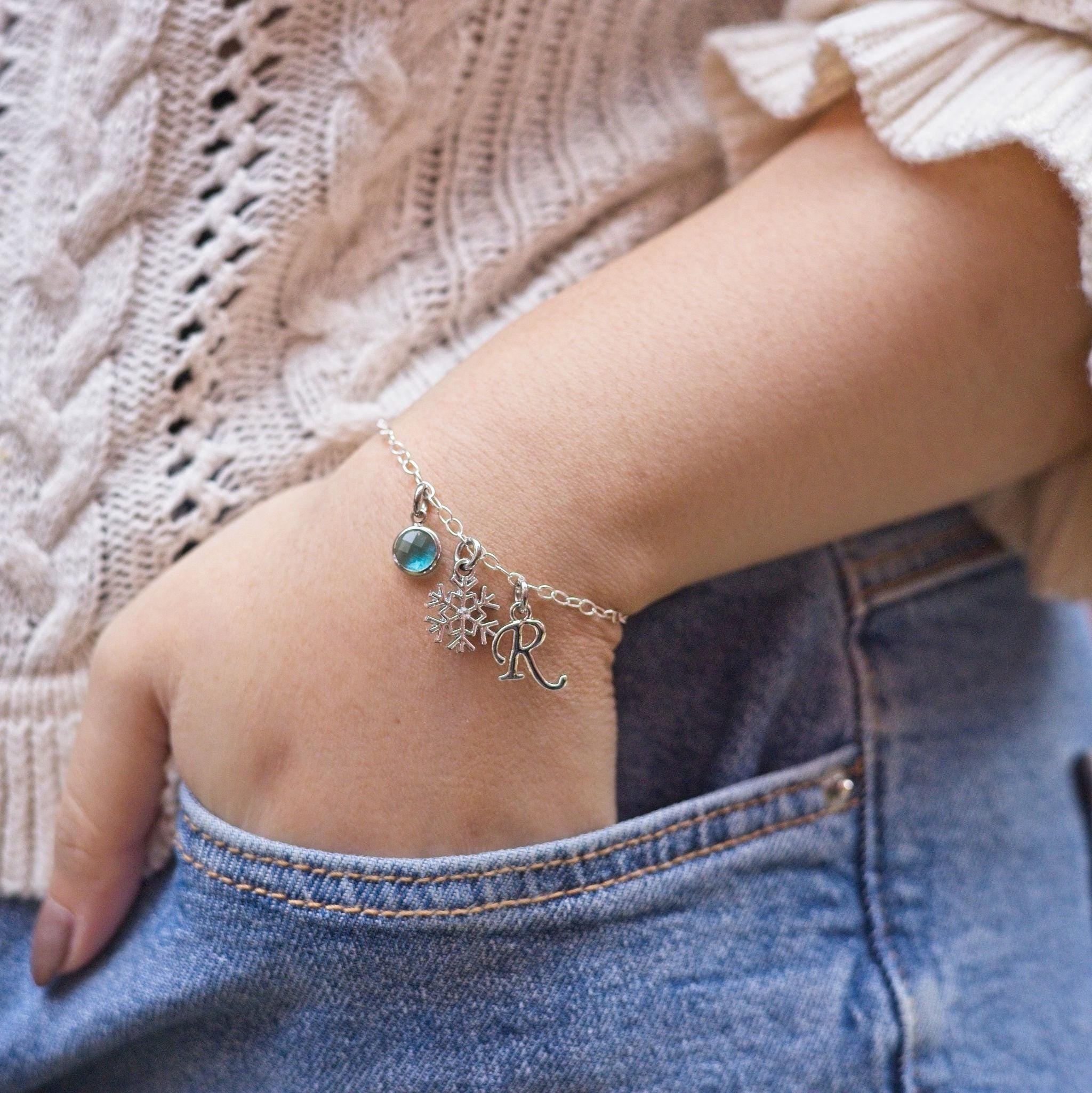 Snowflake bracelet, personalised gifts, ice crystal jewellery, birthstone letter, winter accessory, festive holiday, stocking filler