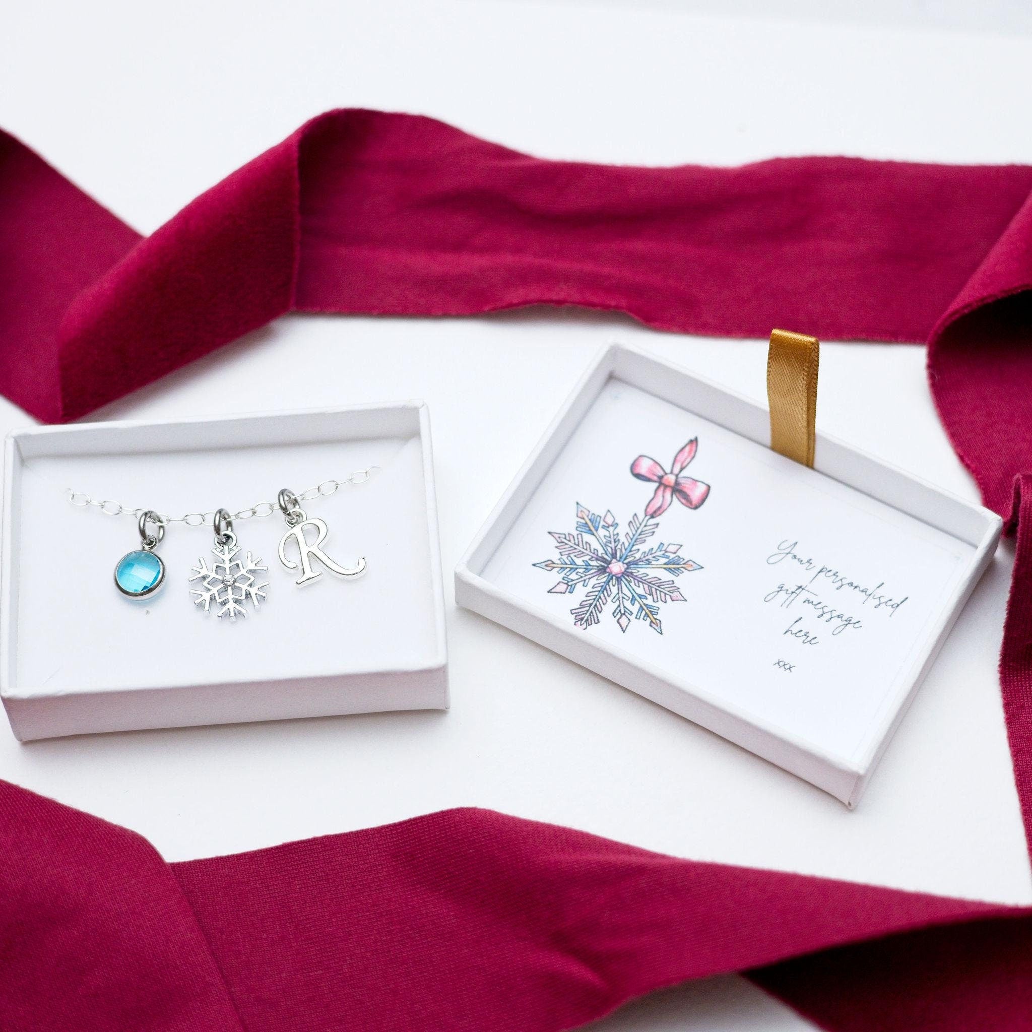 Snowflake bracelet, personalised gifts, ice crystal jewellery, birthstone letter, winter accessory, festive holiday, stocking filler