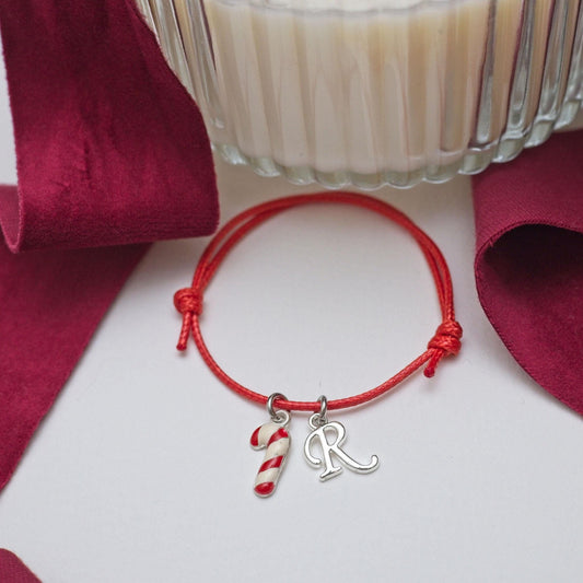 Candy cane bracelet, waxed cord adjustable, personalised gifts, Christmas jewellery, festive holiday, stocking filler, red and white stripe