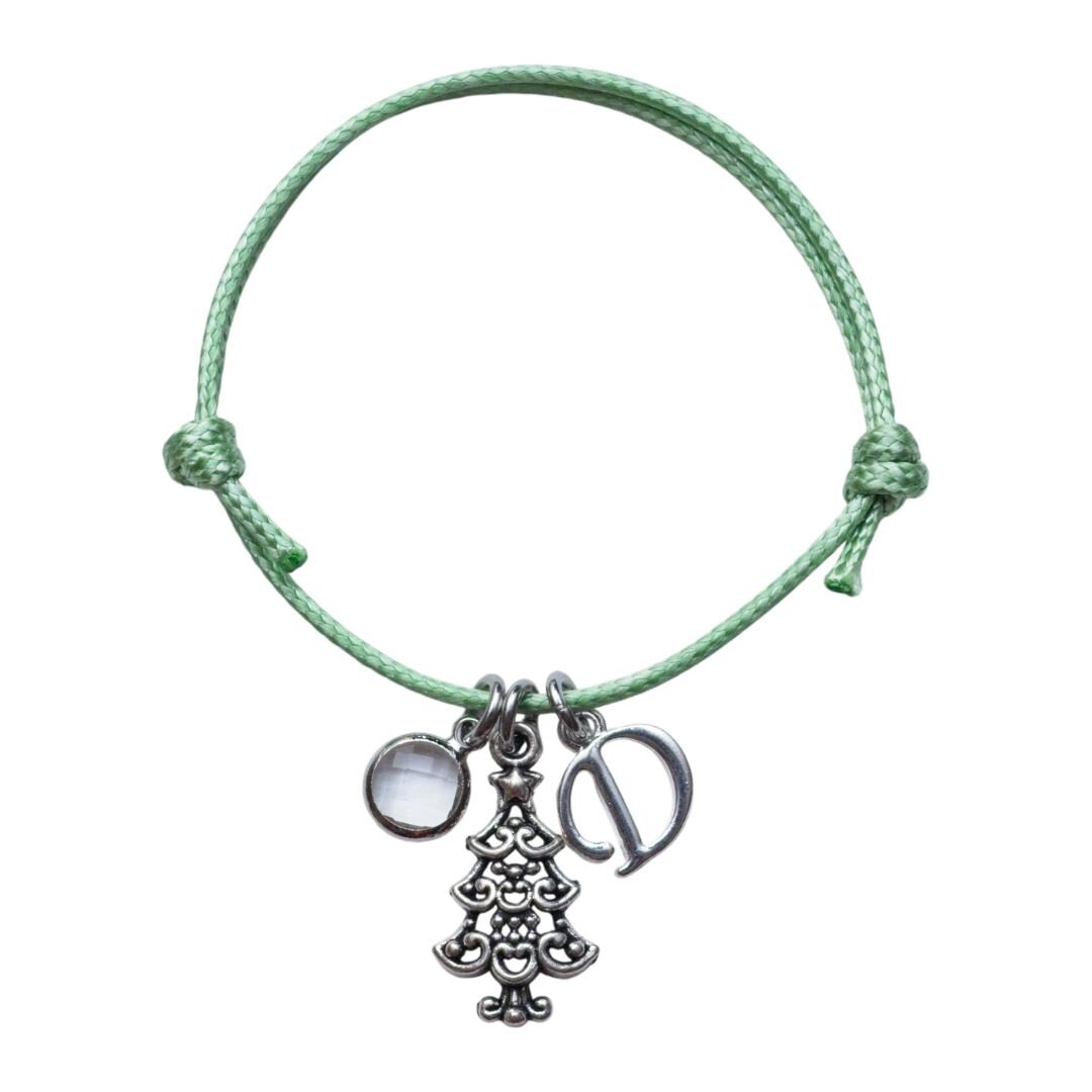 Personalised Christmas Tree Charm Bracelet: Adjustable Waxed Cord, Initial & Birthstone