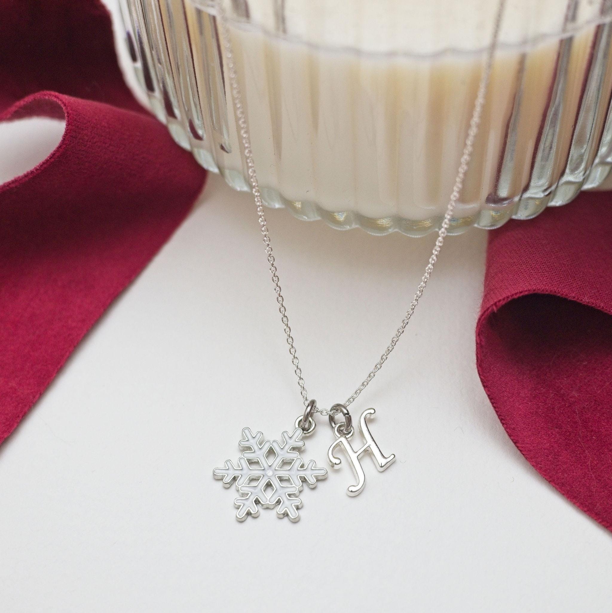 Snowflake necklace, white enamel charm, personalised gifts, Christmas 2025 jewellery, birthstone letter, Christmas gift, snowflake jewellery