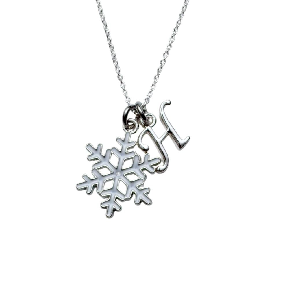 Snowflake necklace, white enamel charm, personalised gifts, Christmas 2025 jewellery, birthstone letter, Christmas gift, snowflake jewellery
