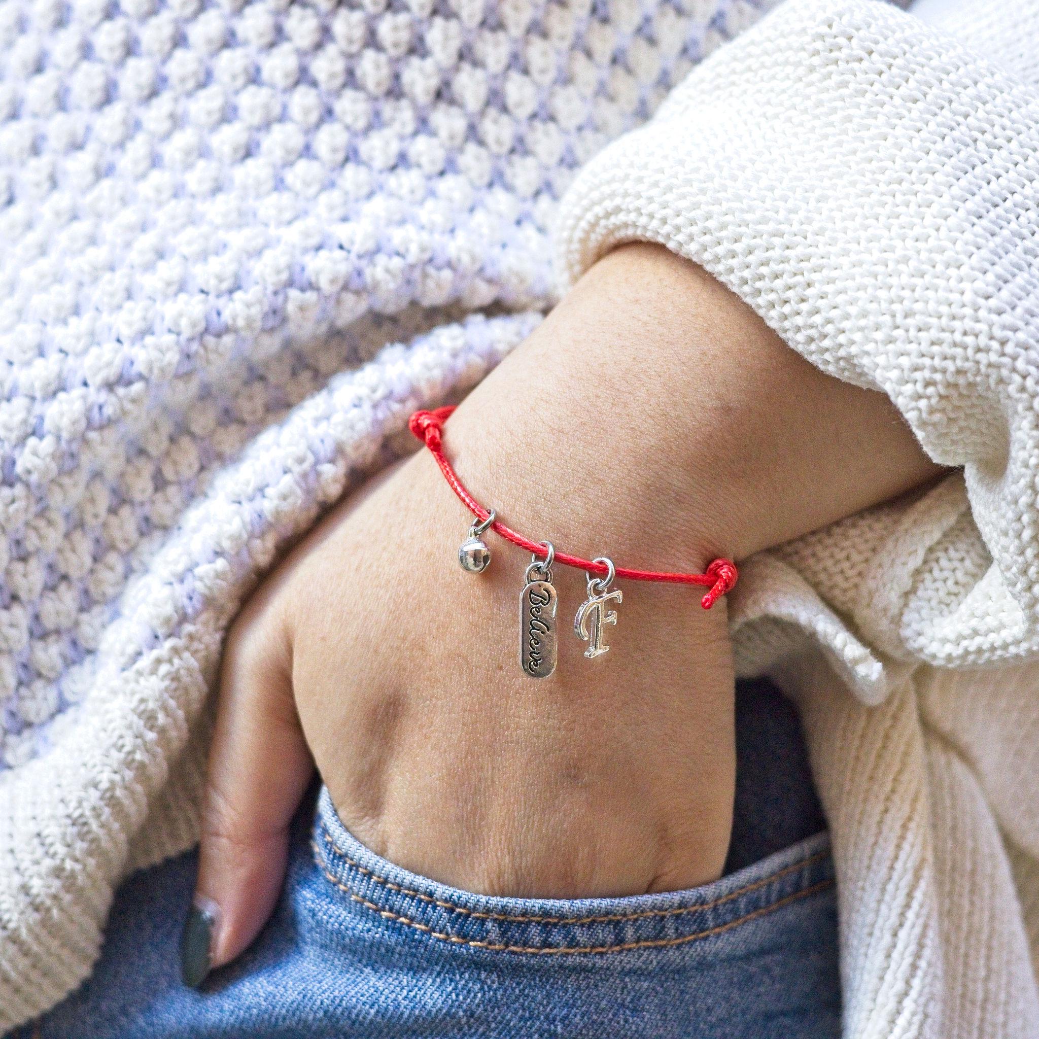 Jingle bell bracelet, waxed cord adjustable, personalised gifts, Christmas 2025, believe in the magic, letter charm, Secret Santa gift