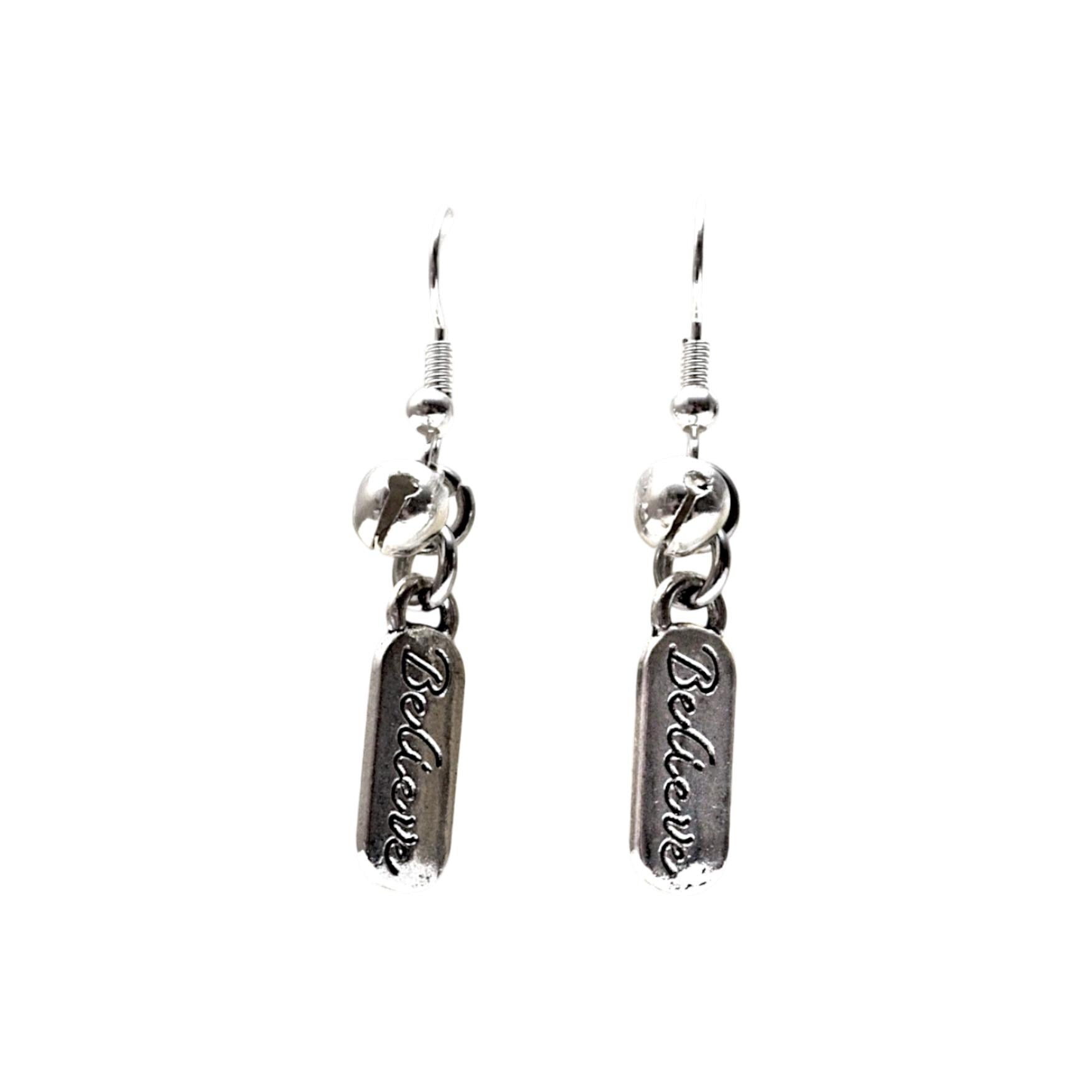 Believe earrings, jingle bell earring, Christmas jewellery, festive magic gifts, Secret Santa present, Christmas earrings, stocking filler