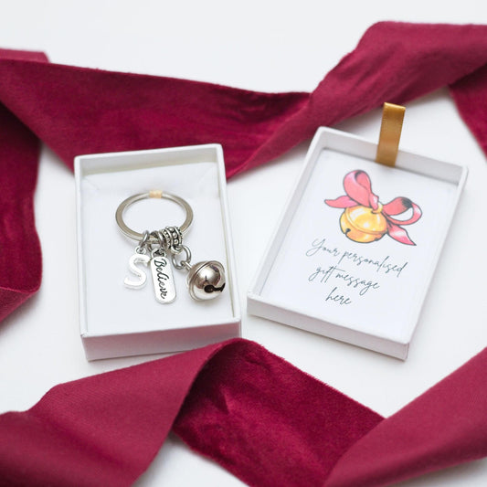 Christmas bell keychain, believe keyring, personalised gifts, letter and birthstone bag charm, Secret Santa gift, German jingle bell