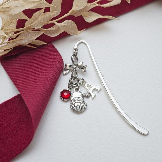Santa Claus bookmark, gift for reader, Father Christmas gift, personalised gifts, birthstone and initial, metal page marker, festive charms
