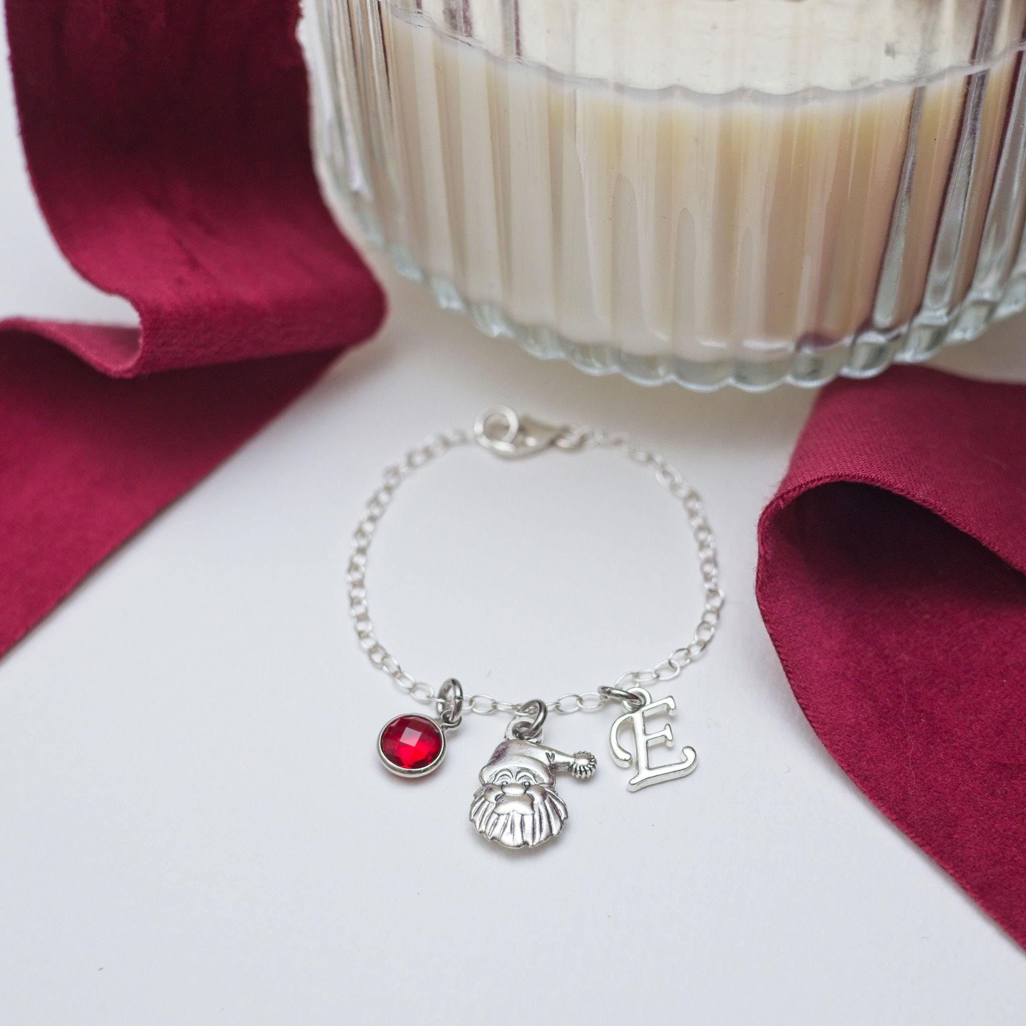 Santa Claus bracelet, personalised gifts, Father Christmas jewellery, birthstone letter, Santa hat accessory, festive holiday jewellery