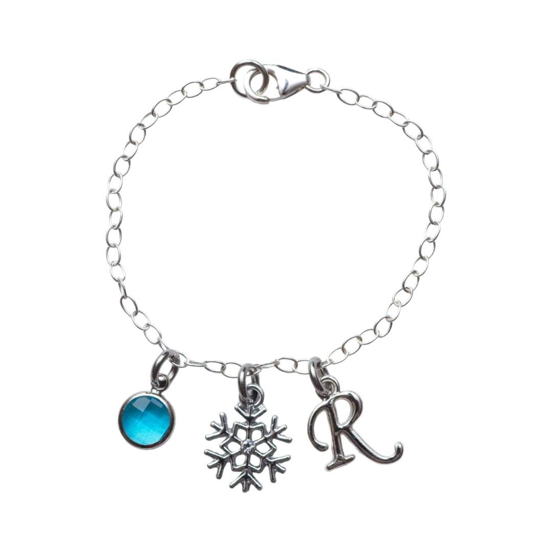 Snowflake bracelet, personalised gifts, ice crystal jewellery, birthstone letter, winter accessory, festive holiday, stocking filler