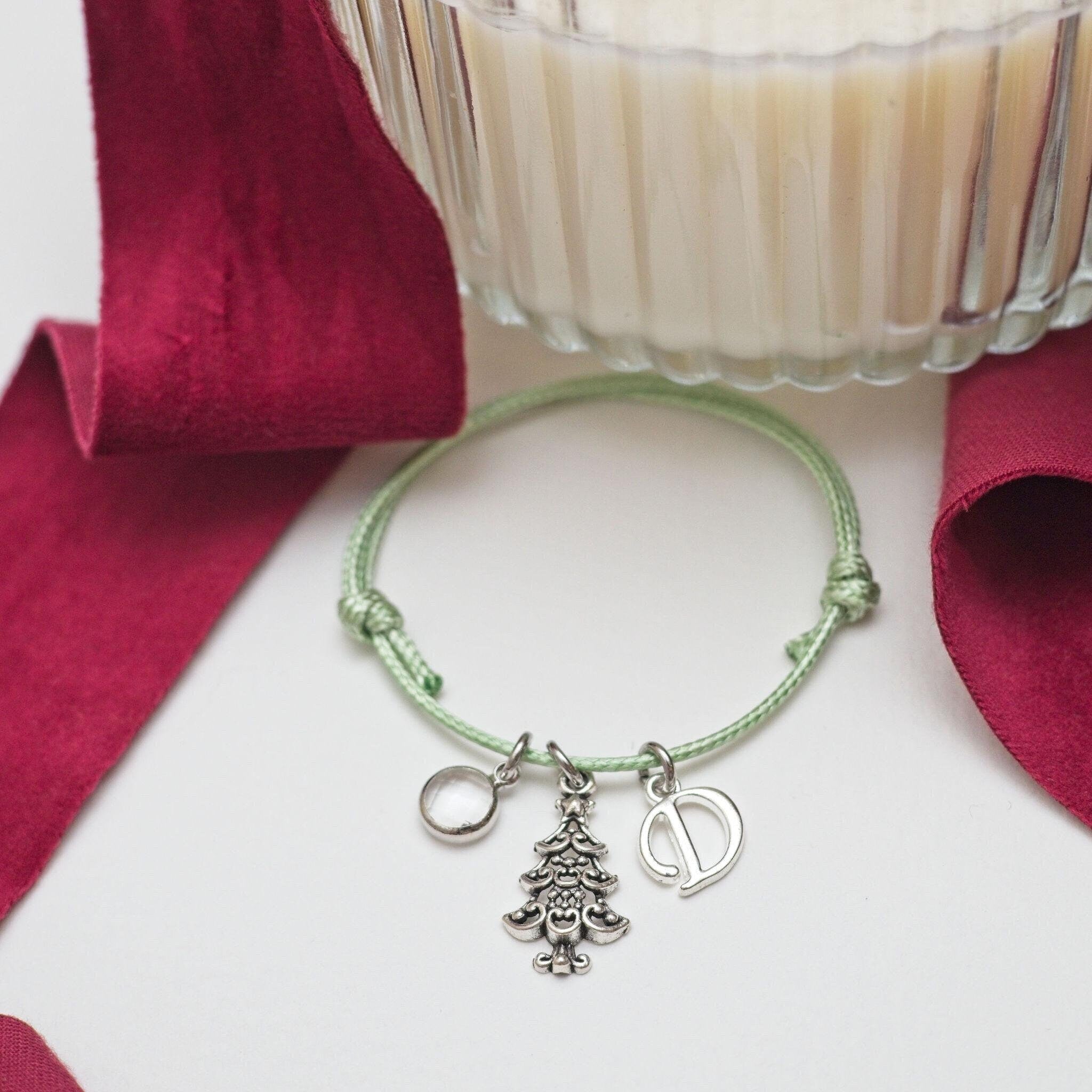 Personalised Christmas Tree Charm Bracelet: Adjustable Waxed Cord, Initial & Birthstone