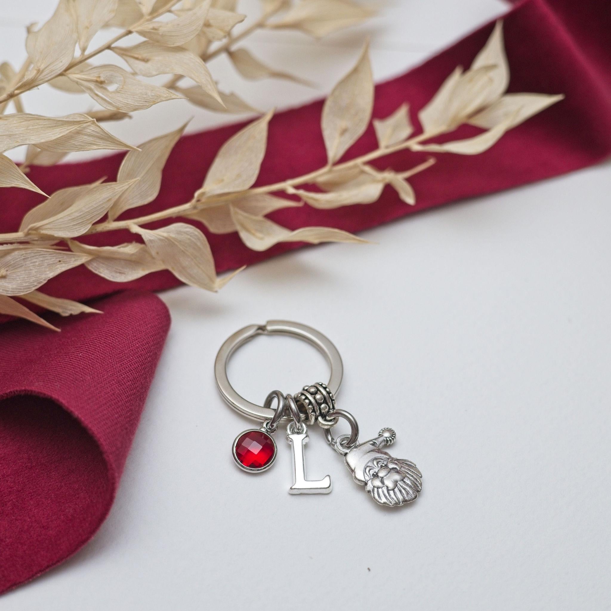 Santa Claus keyring, personalised gifts, Father Christmas charm, birthstone letter, festive holiday keychain, fun bag charm, Christmas style