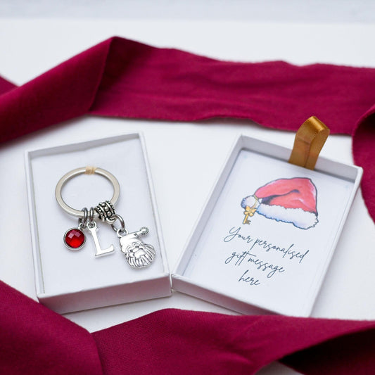 Santa Claus keyring, personalised gifts, Father Christmas charm, birthstone letter, festive holiday keychain, fun bag charm, Christmas style