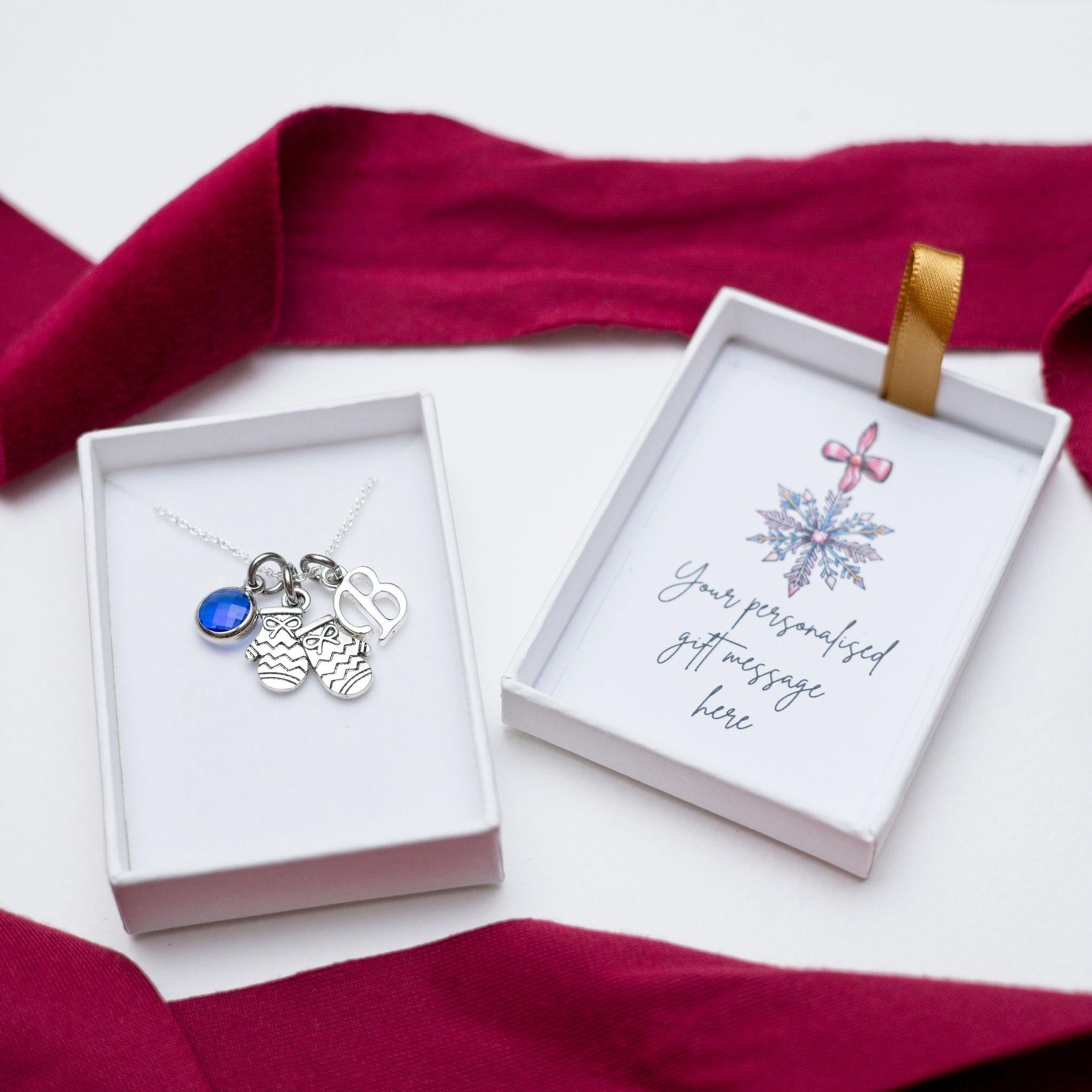 Mitten Charm Necklace: Personalised Birthstone Initial Jewellery