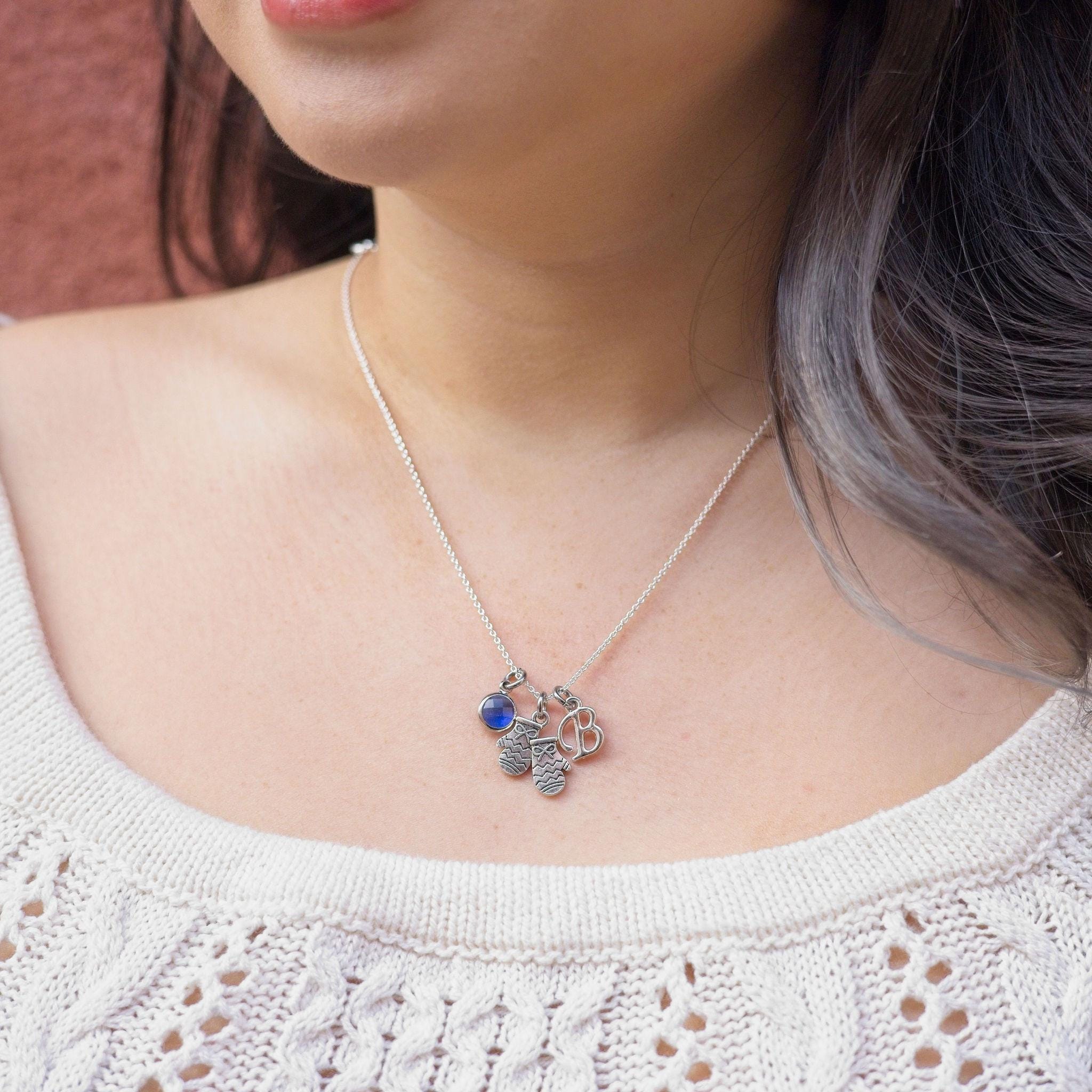 Mitten necklace, personalised gifts, Christmas 2025 jewellery, birthstone letter, Christmas gift, winter knit gloves, cosy season accessory