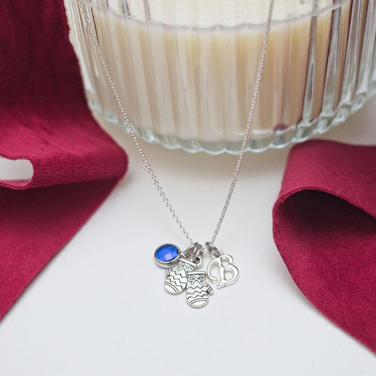 Mitten necklace, personalised gifts, Christmas 2025 jewellery, birthstone letter, Christmas gift, winter knit gloves, cosy season accessory