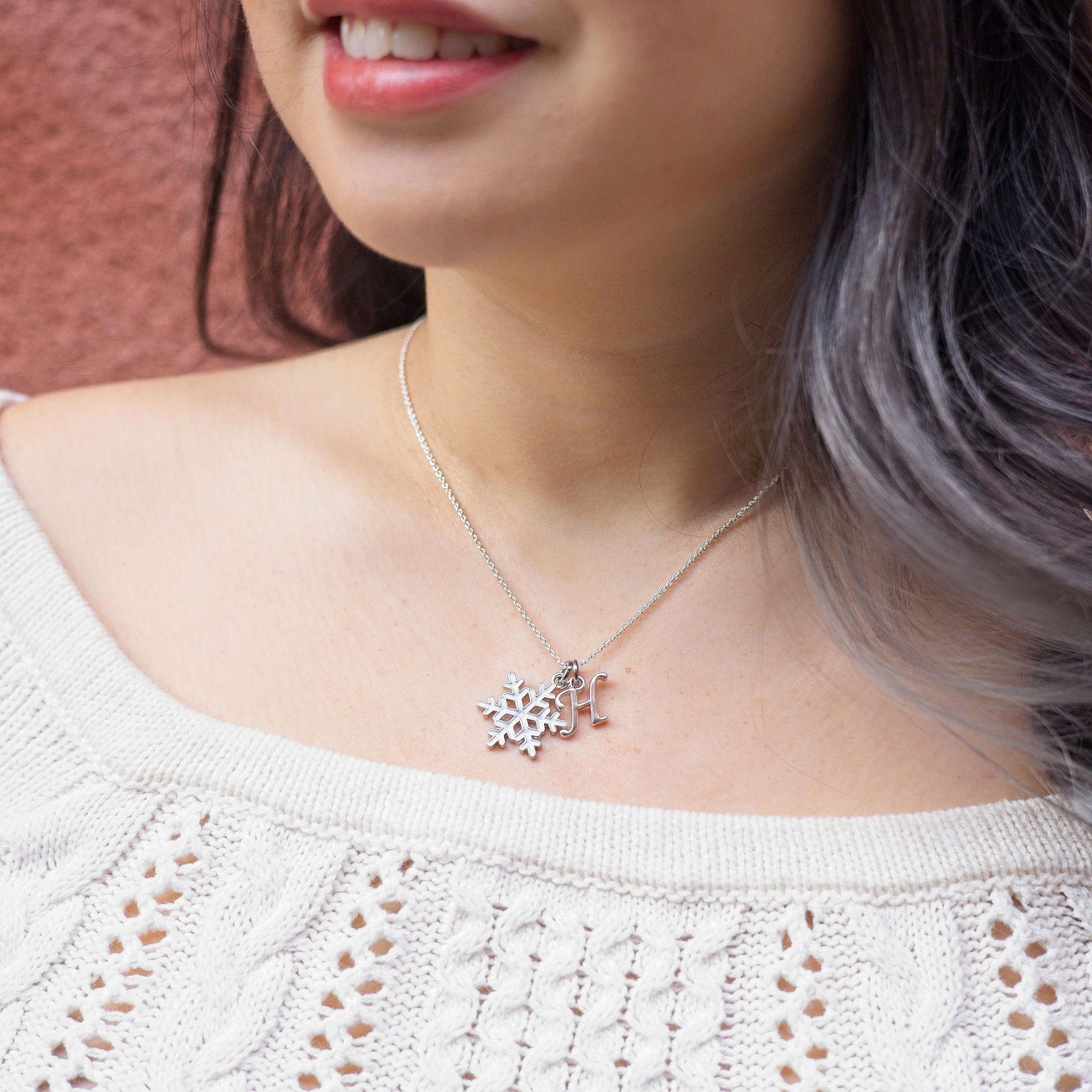 Snowflake necklace, white enamel charm, personalised gifts, Christmas 2025 jewellery, birthstone letter, Christmas gift, snowflake jewellery