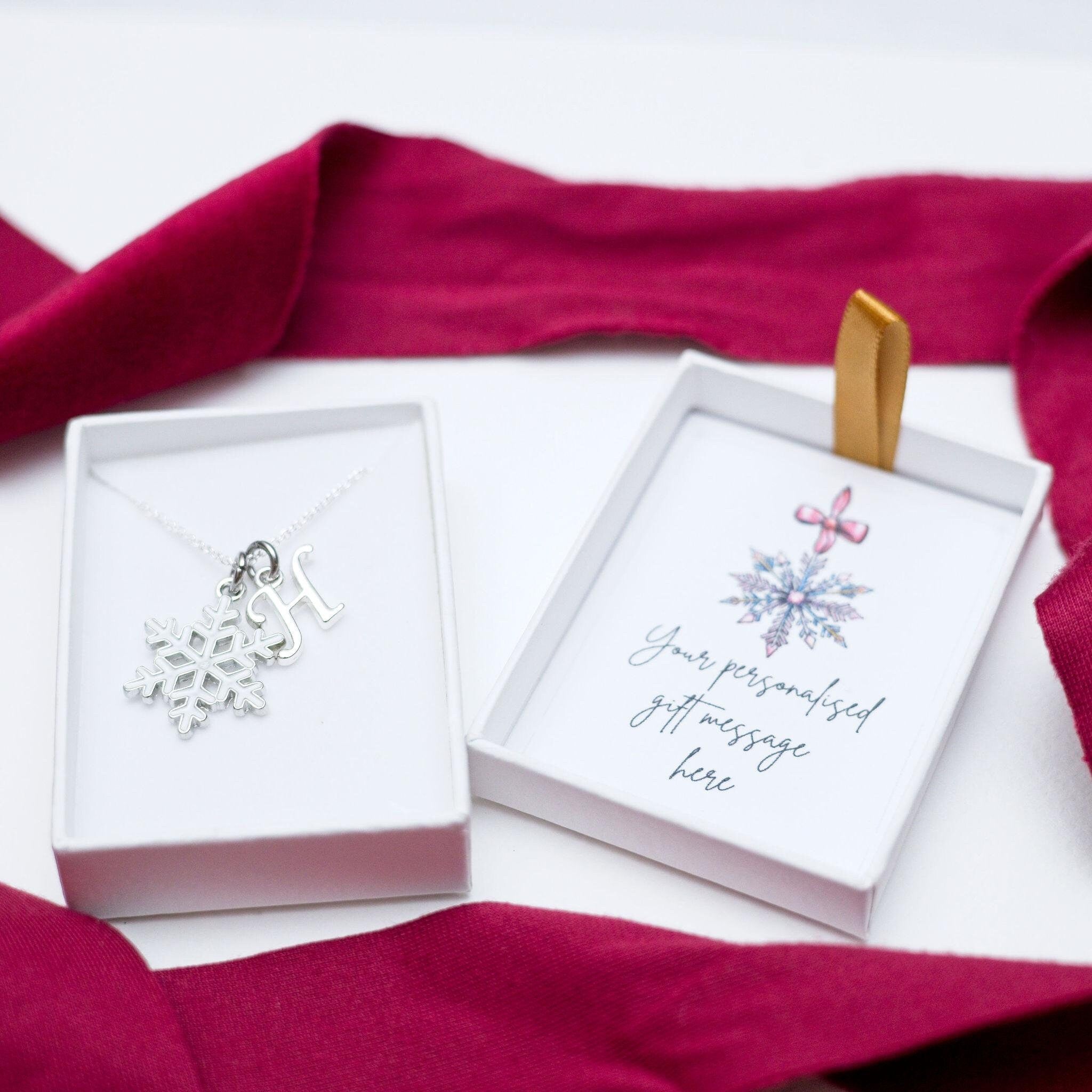 Snowflake necklace, white enamel charm, personalised gifts, Christmas 2025 jewellery, birthstone letter, Christmas gift, snowflake jewellery
