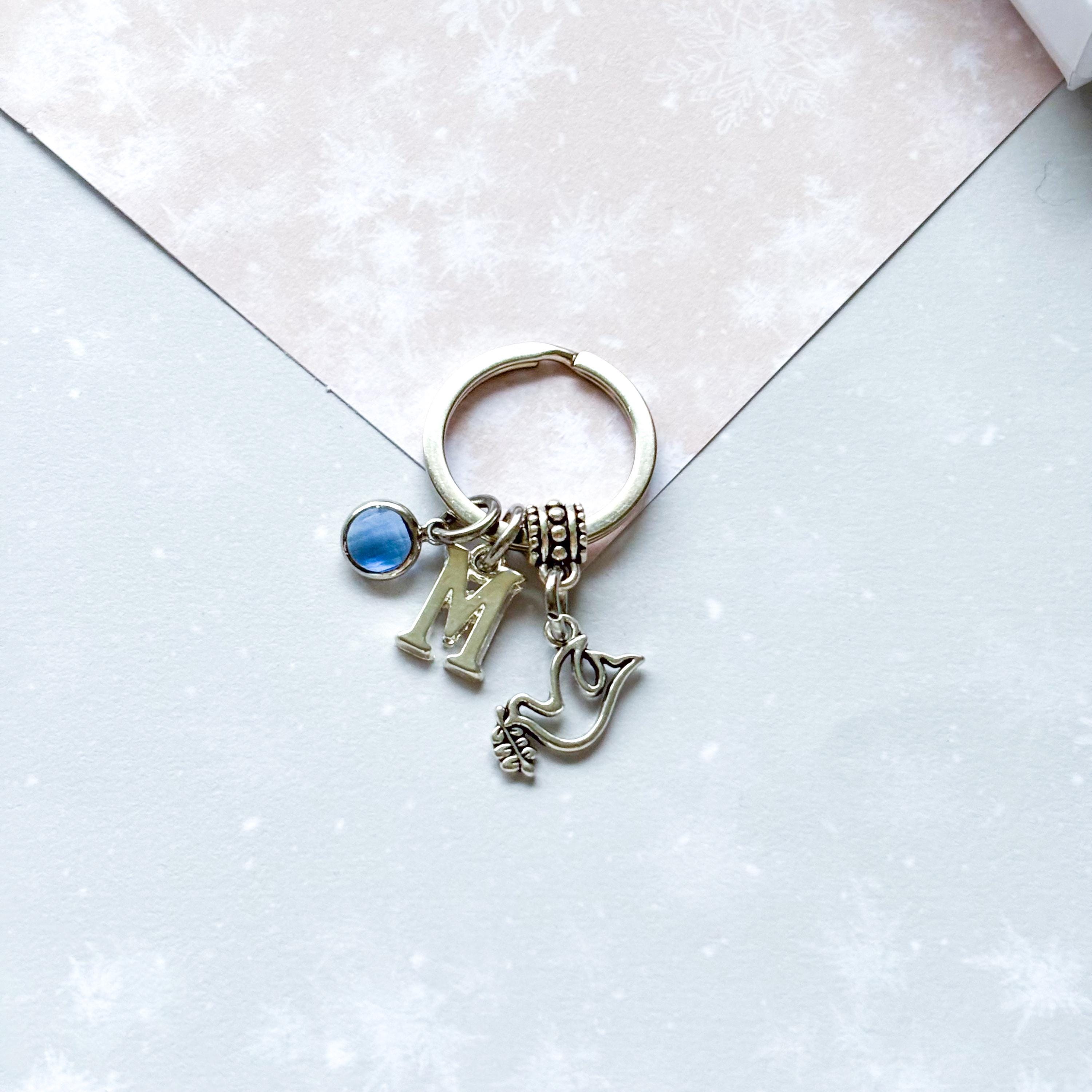 Dove Keyring: Personalised Birthstone Letter Charm, Peace Gift