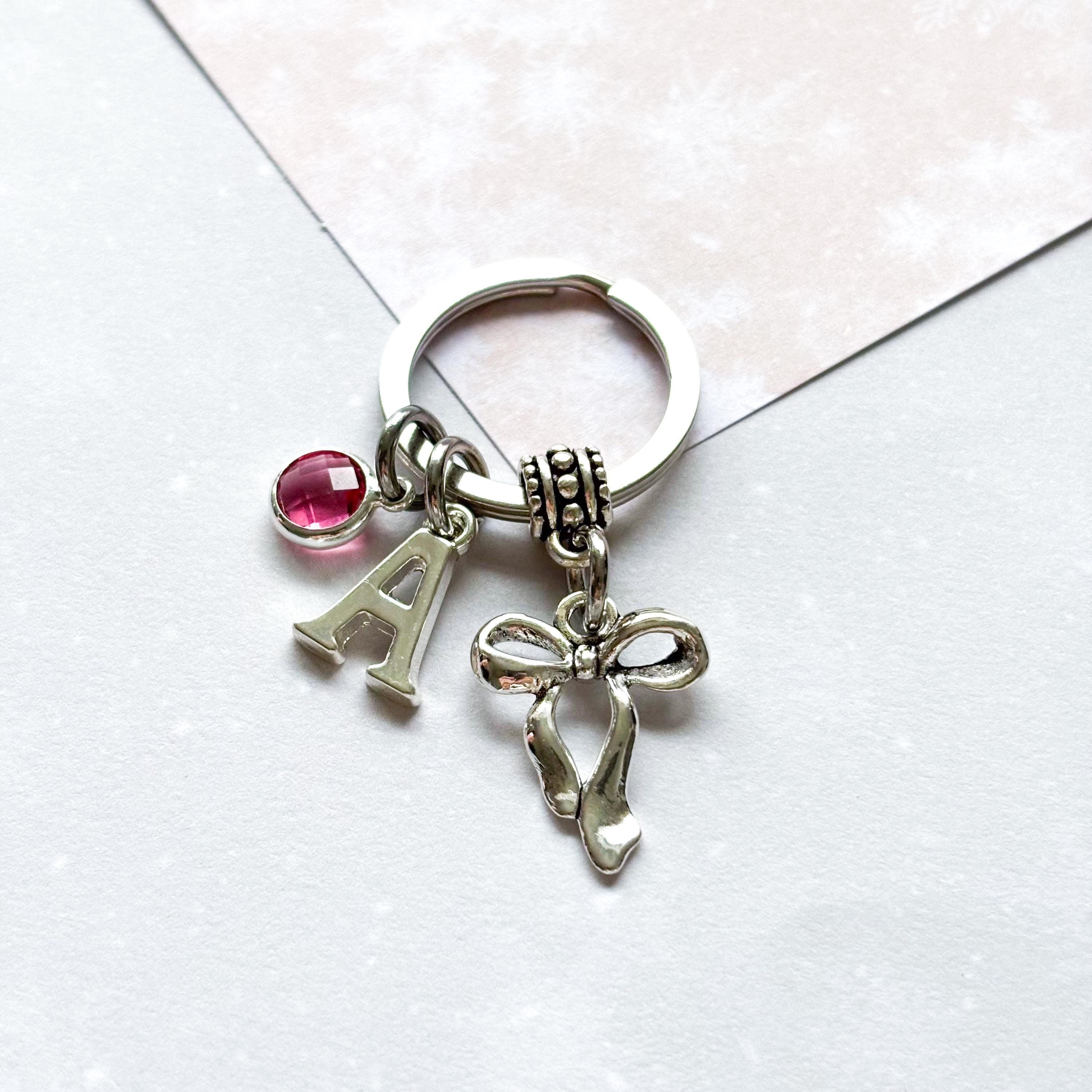 Elegant bow keyring, personalised gifts, coquette style, bow charm, birthstone letter, bow keychain, cute bow charm, bow party favours