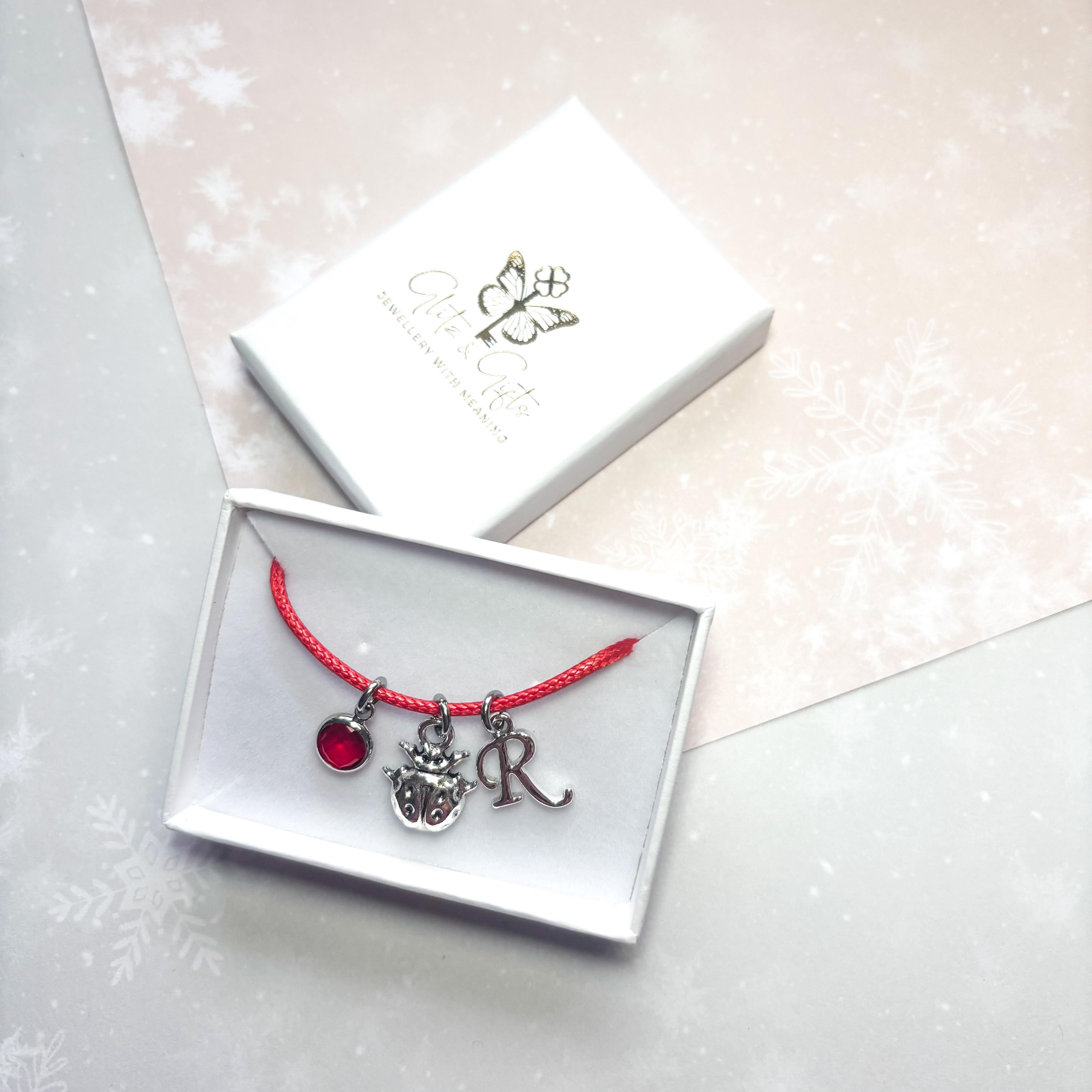 Ladybug Initial Bracelet: Personalised Birthstone Charm, Waxed Cord