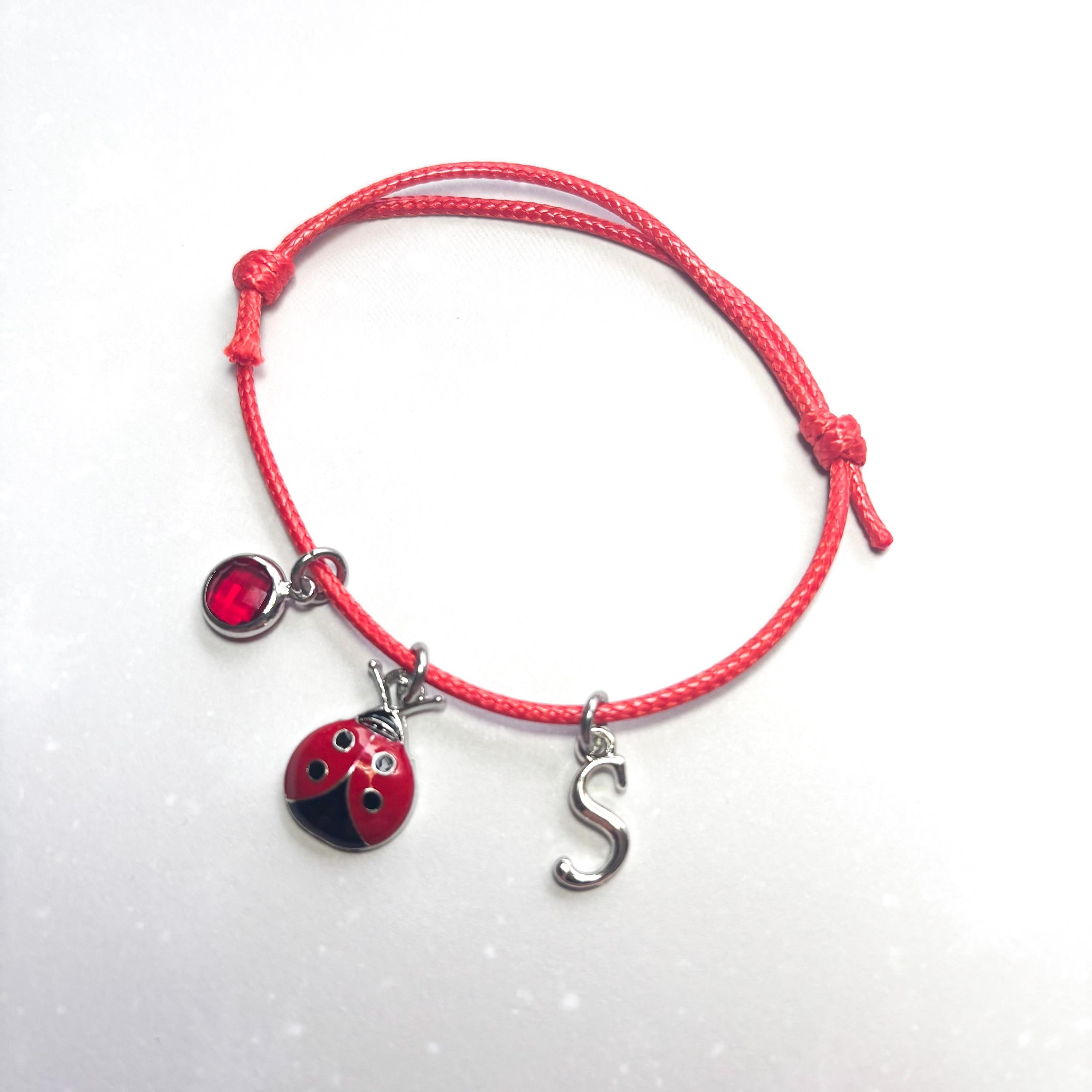 Red ladybird bracelet, enamel charm, waxed cord, personalised gifts, insect jewellery, love bug, Valentines gift, initial birthstone