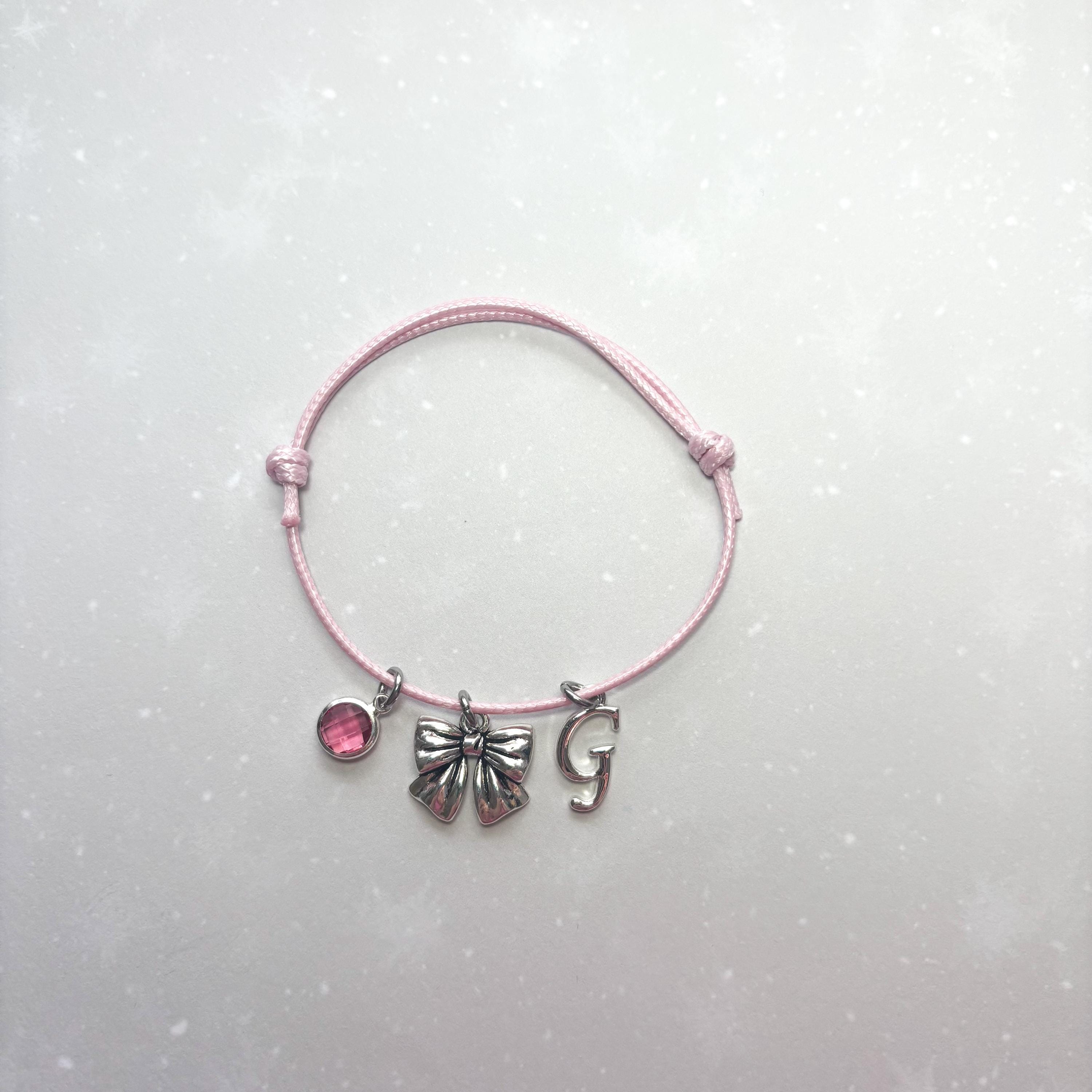 Personalised Bow Charm Bracelet: Initial & Birthstone, Waxed Cord Jewellery
