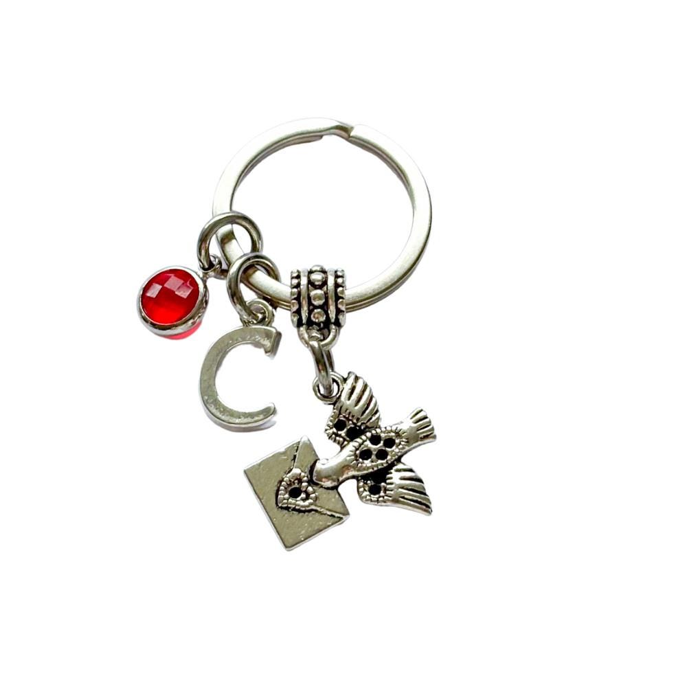 Personalised Homing Pigeon Keyring: Birthstone Letter Charm