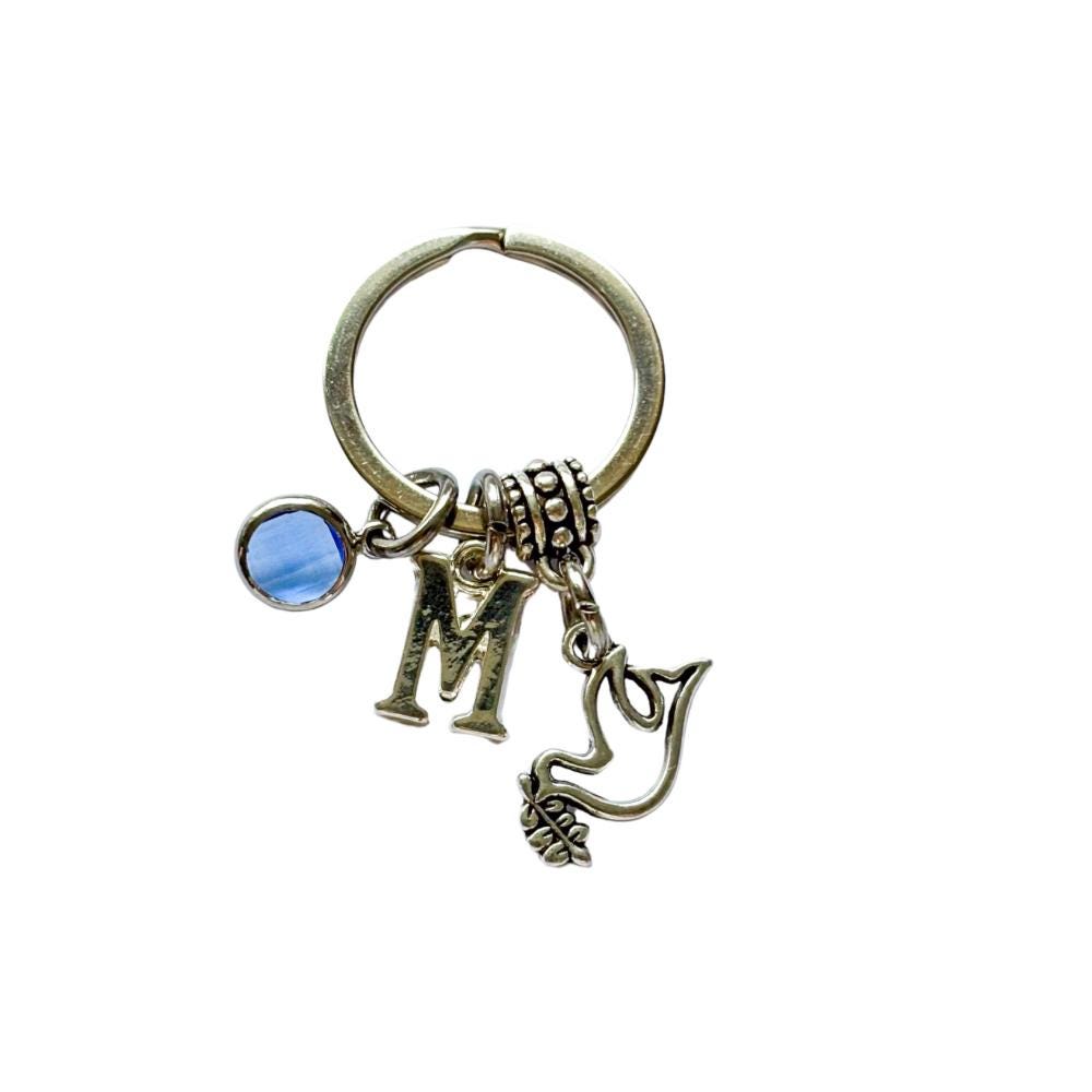 Dove keyring, personalised gifts, peace keychain, olive branch, birthstone letter, bird bag charm, cute animal gift, calm peaceful harmony