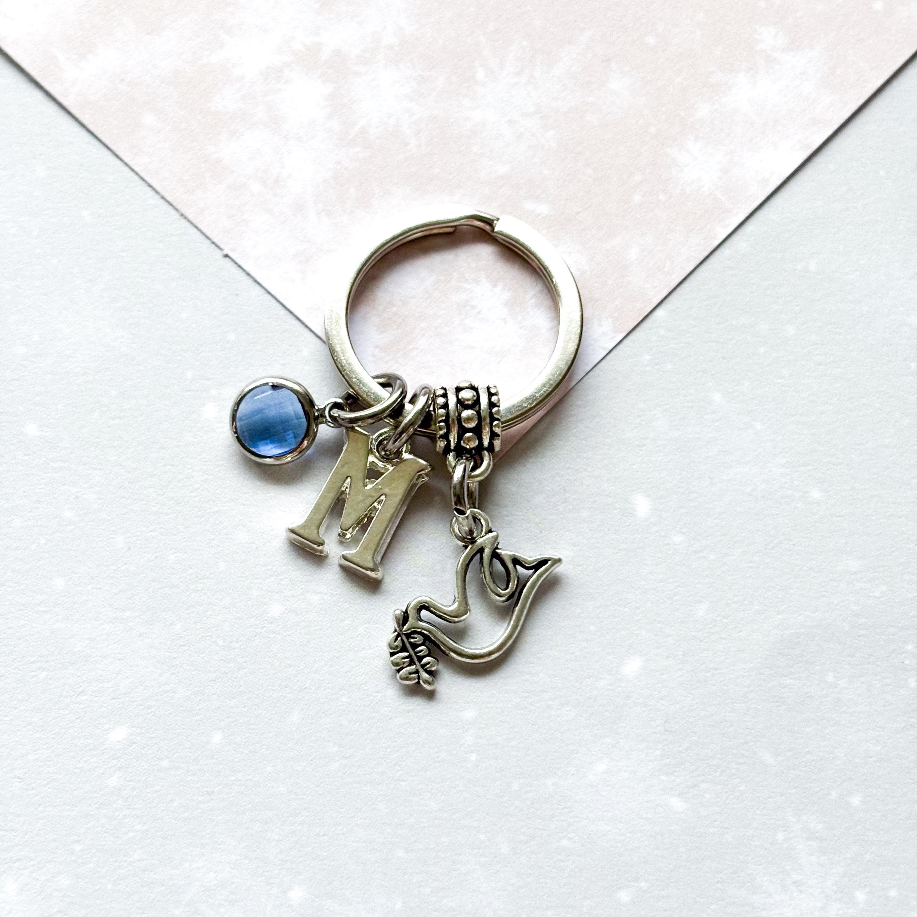 Dove keyring, personalised gifts, peace keychain, olive branch, birthstone letter, bird bag charm, cute animal gift, calm peaceful harmony