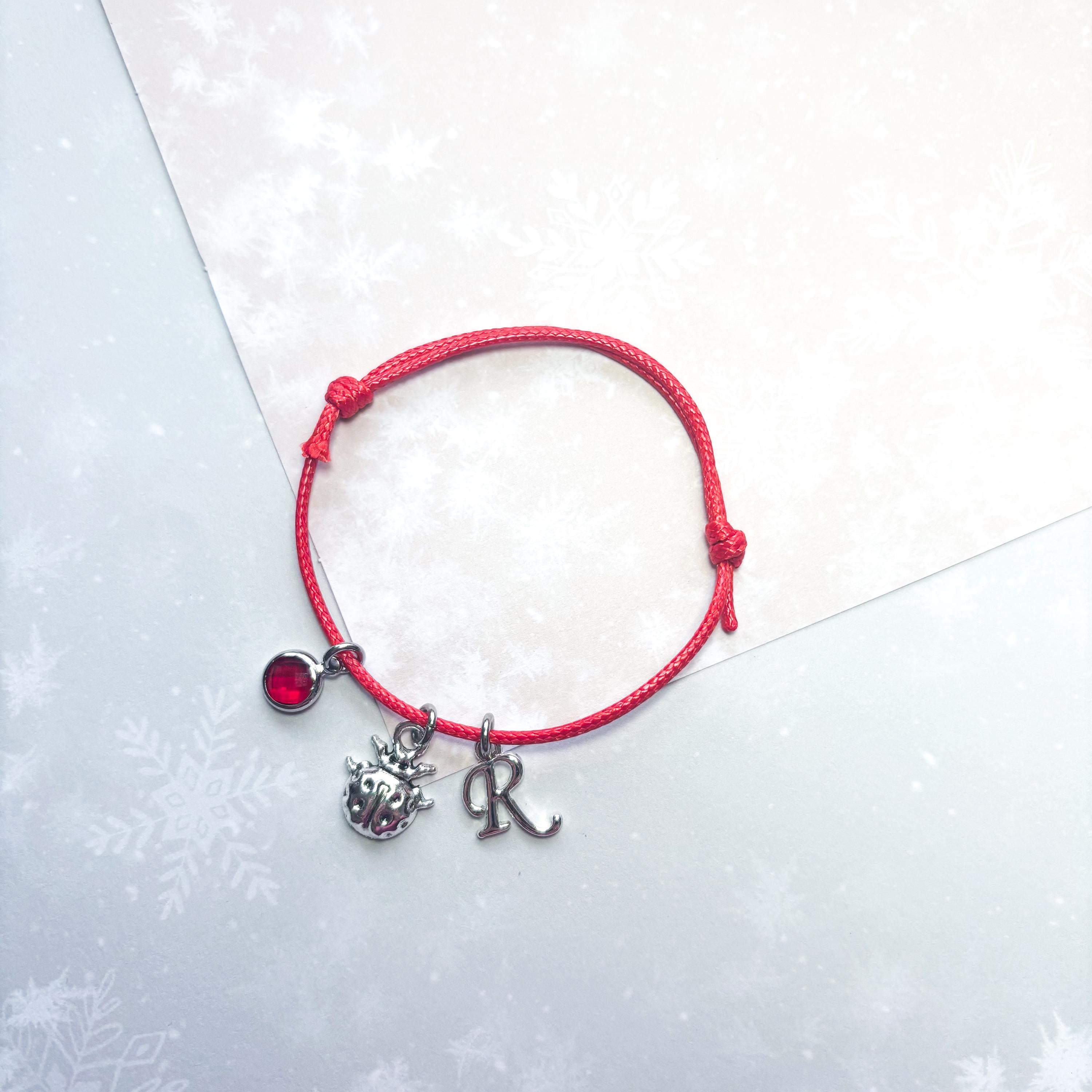 Ladybird bracelet, waxed cord adjustable, personalised gifts, insect jewellery, love bug, Valentines gift, initial birthstone, nature lover