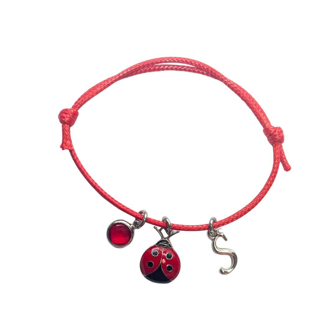 Red Ladybug Charm Bracelet: Personalised Initial & Birthstone, Waxed Cord