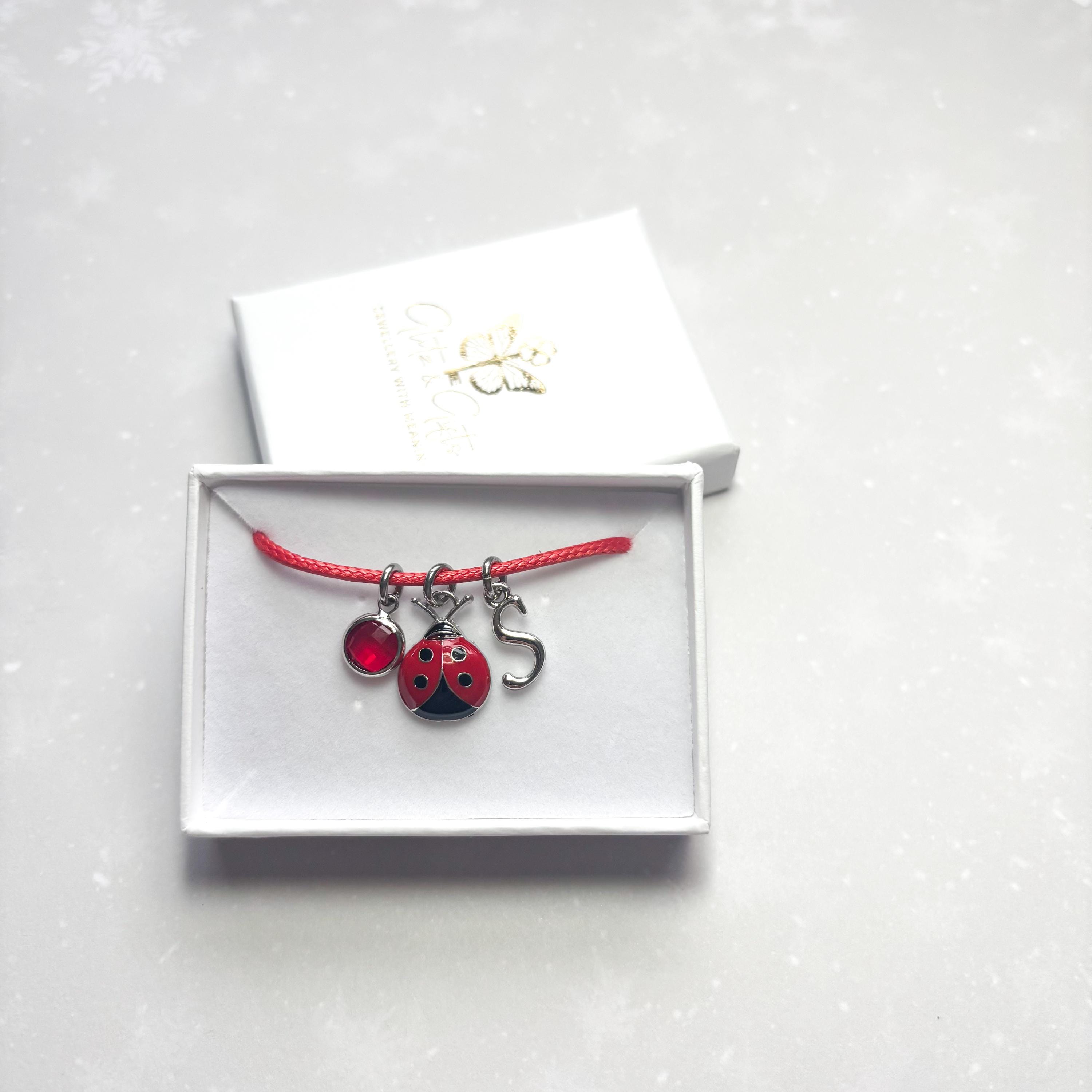 Red ladybird bracelet, enamel charm, waxed cord, personalised gifts, insect jewellery, love bug, Valentines gift, initial birthstone