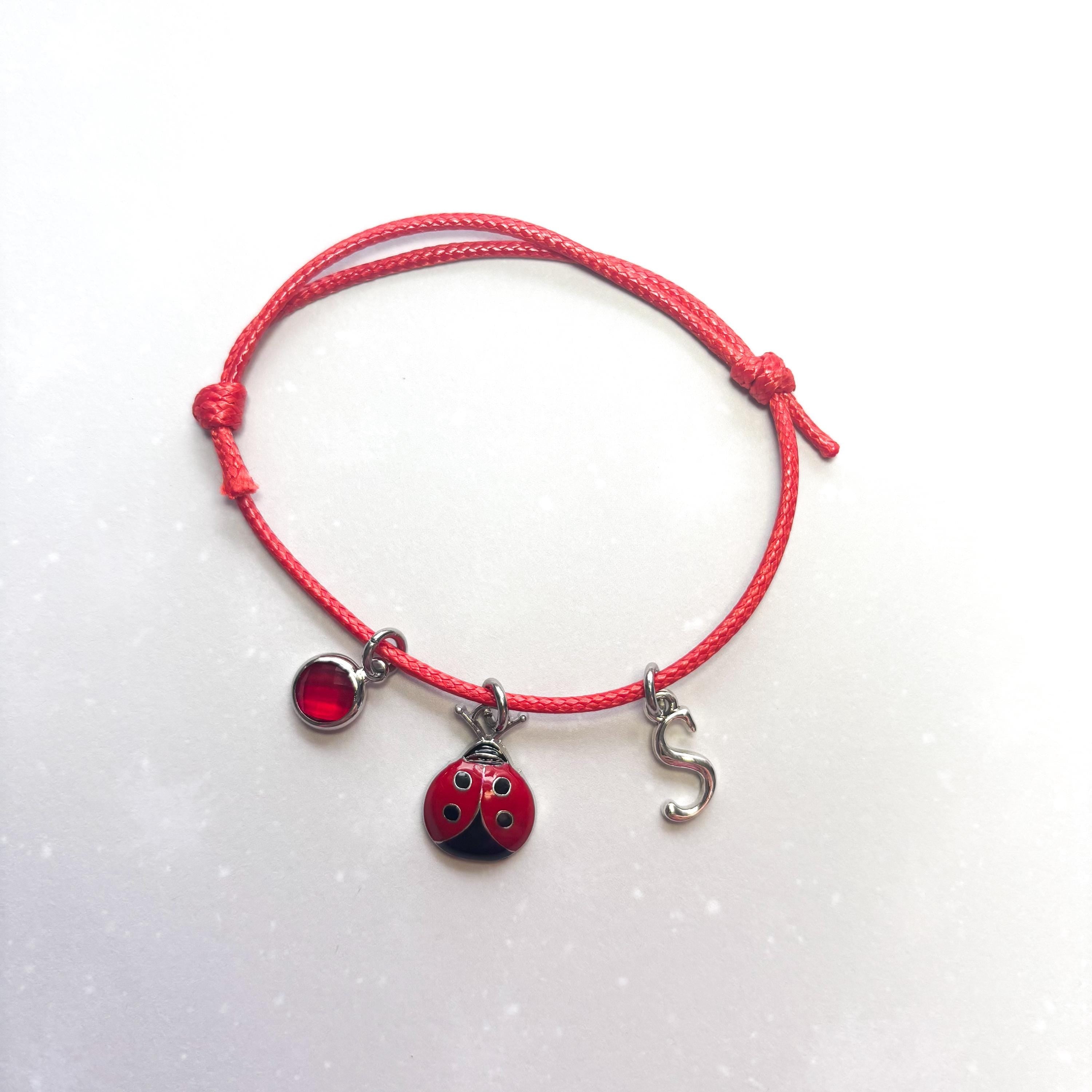 Red Ladybug Charm Bracelet: Personalised Initial & Birthstone, Waxed Cord