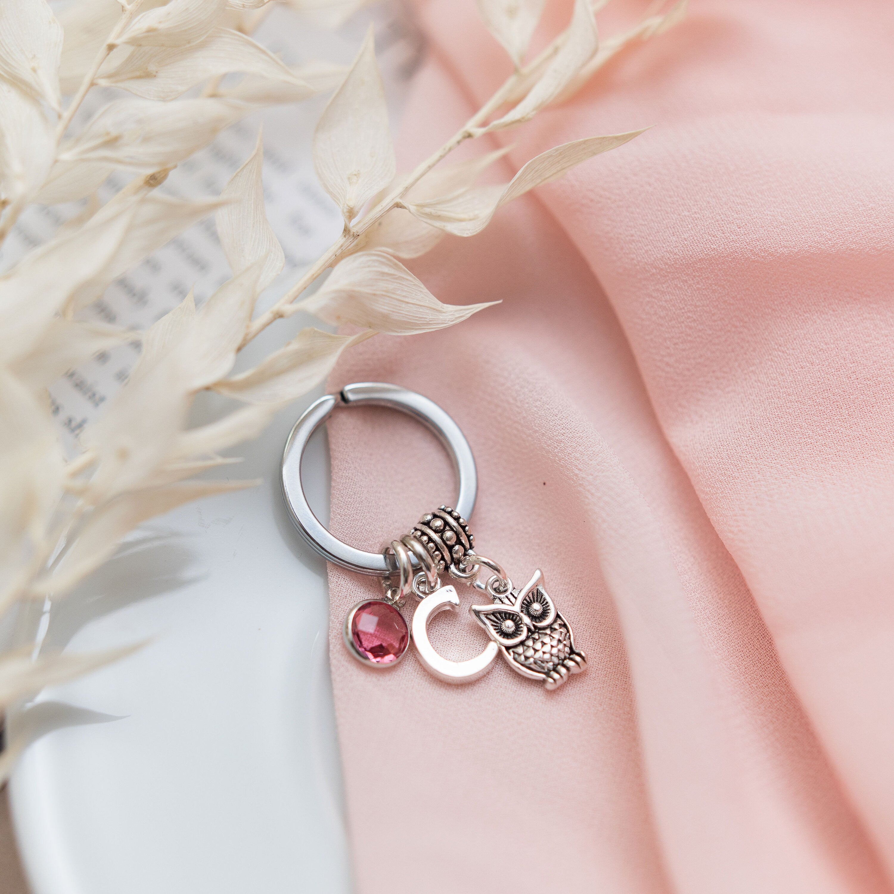 Owl keyring, graduation gift, wizard theme keychain, book lovers present, personalised gifts, birthstone initial charm, teacher thank you