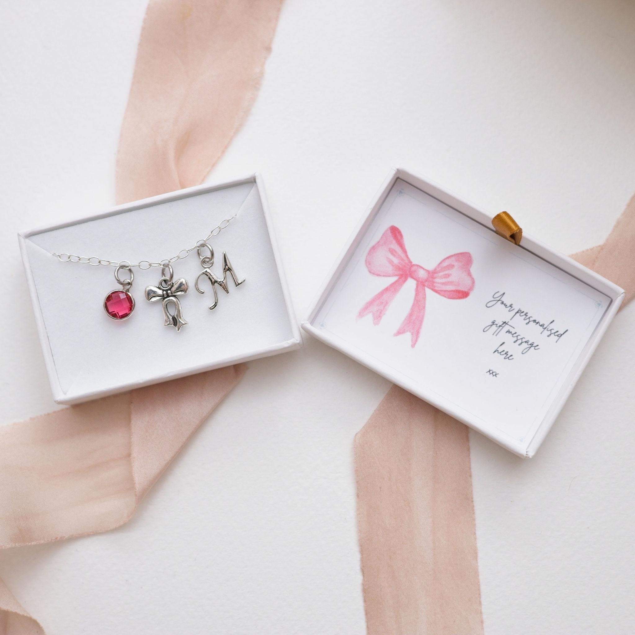 Bow bracelet, personalised gifts, pink girly jewellery, coquette style, birthstone letter charm