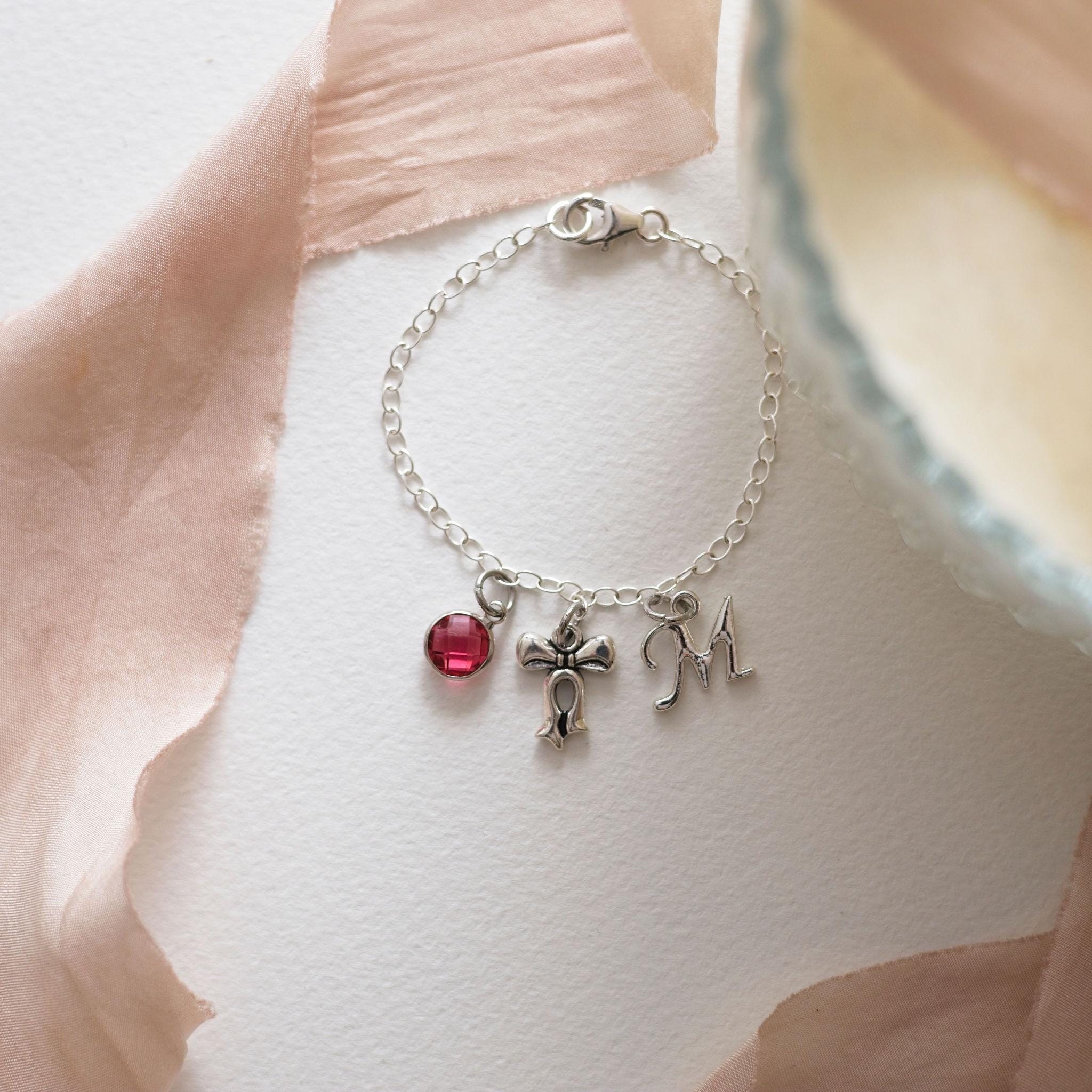 Bow bracelet, personalised gifts, pink girly jewellery, coquette style, birthstone letter charm