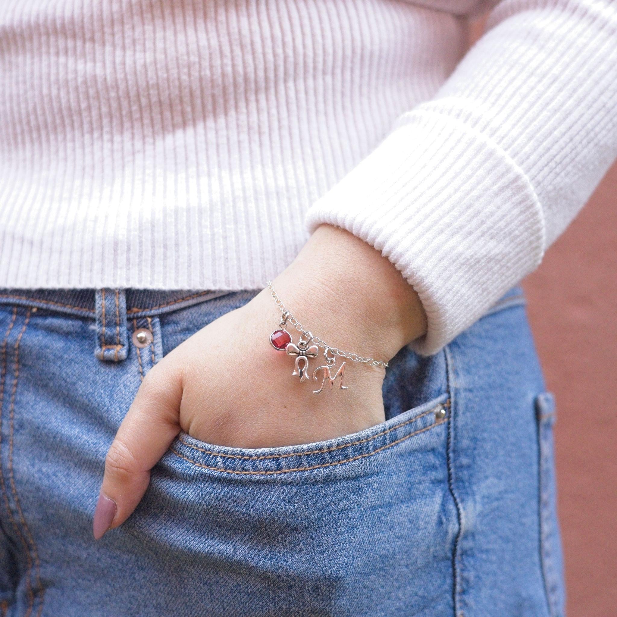Bow bracelet, personalised gifts, pink girly jewellery, coquette style, birthstone letter charm