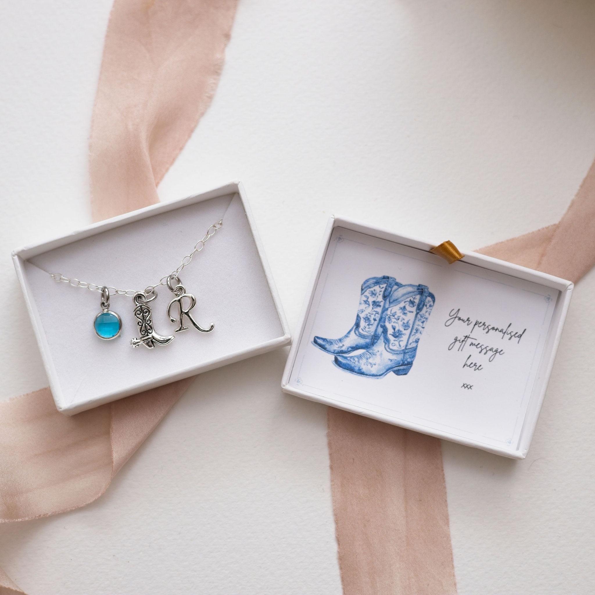 Cowboy Boot Charm Bracelet: Personalised Birthstone Initial Western Jewellery